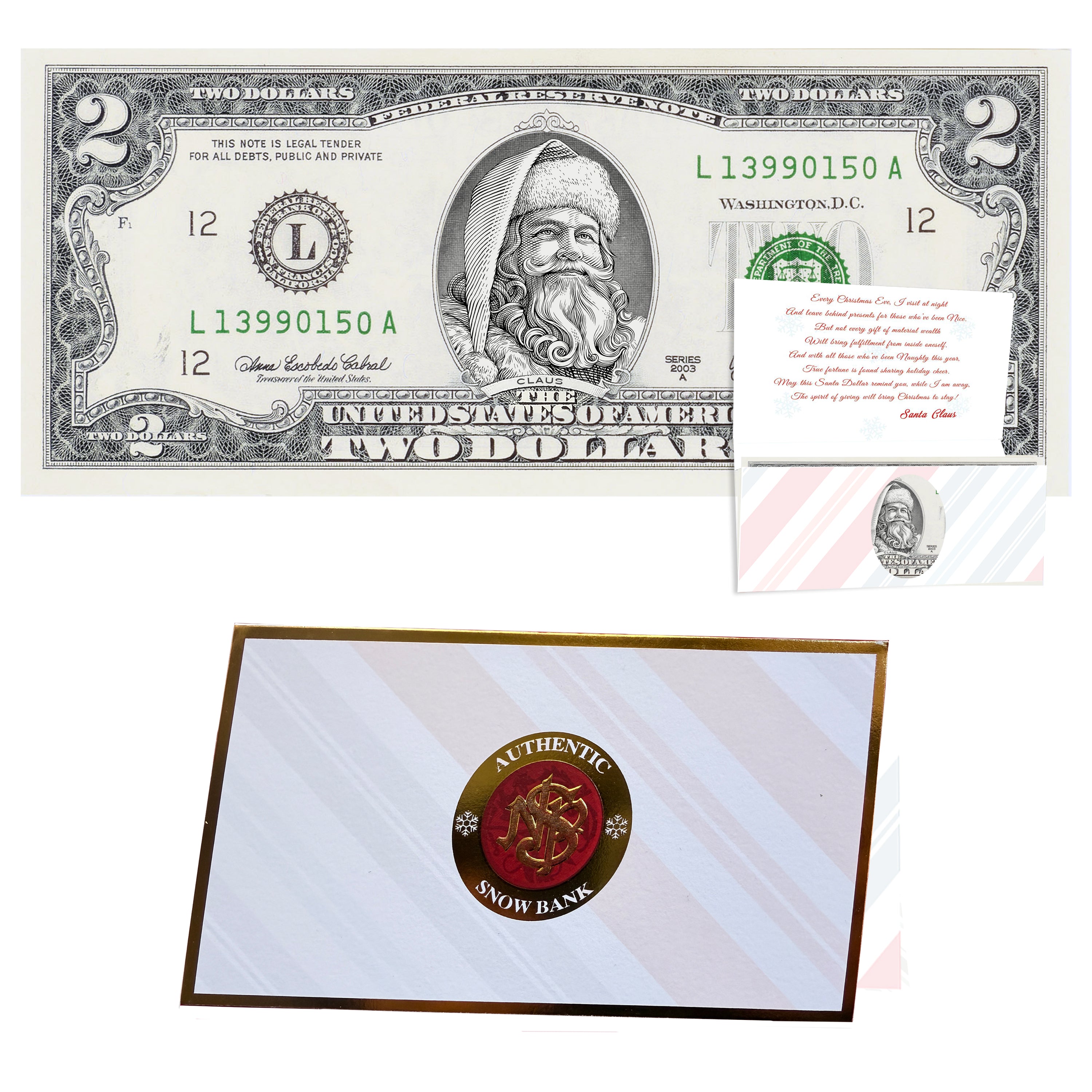 Official Santa Claus $2 Bill. Santa the White Version. Real USD. Bankable & Spendable. The Gift of Christmas Giving