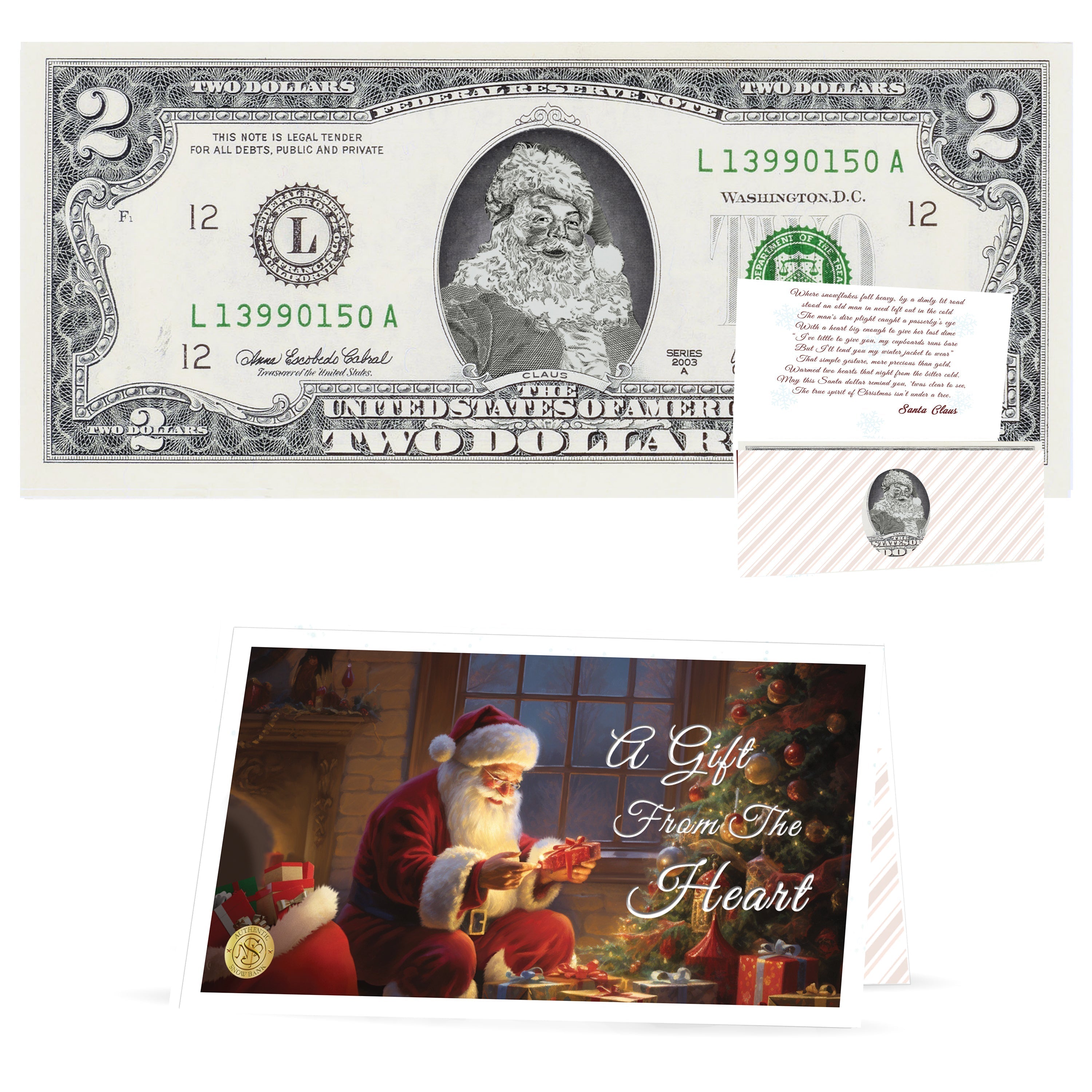 Official Santa Claus $2 Bill. Santa the White Version. Real USD. Bankable & Spendable. The Gift of Christmas Giving