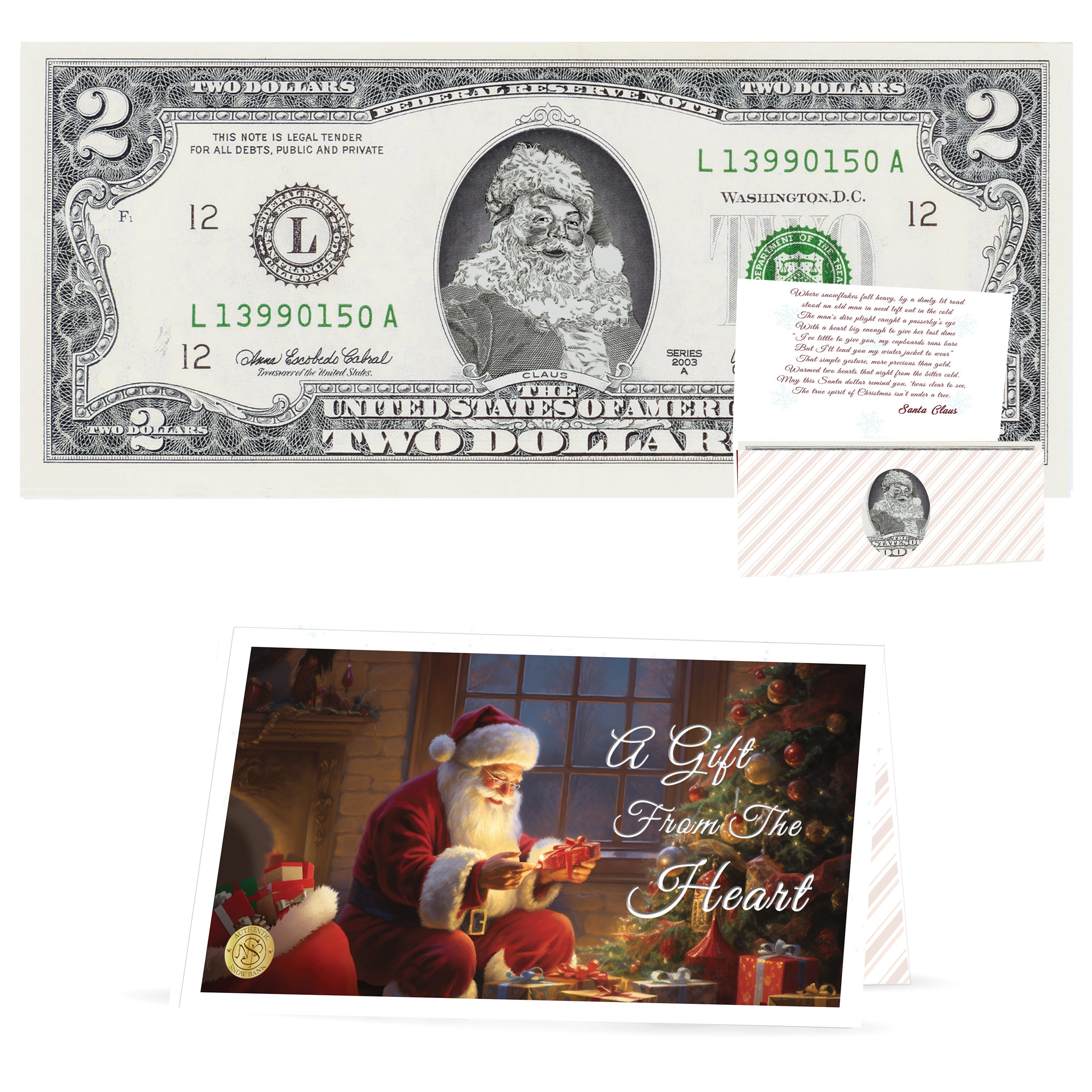Official Santa Claus $2 Bill. Santa Rosy Red Cheeks Version. Real USD. Bankable & Spendable. The Gift of Christmas Giving