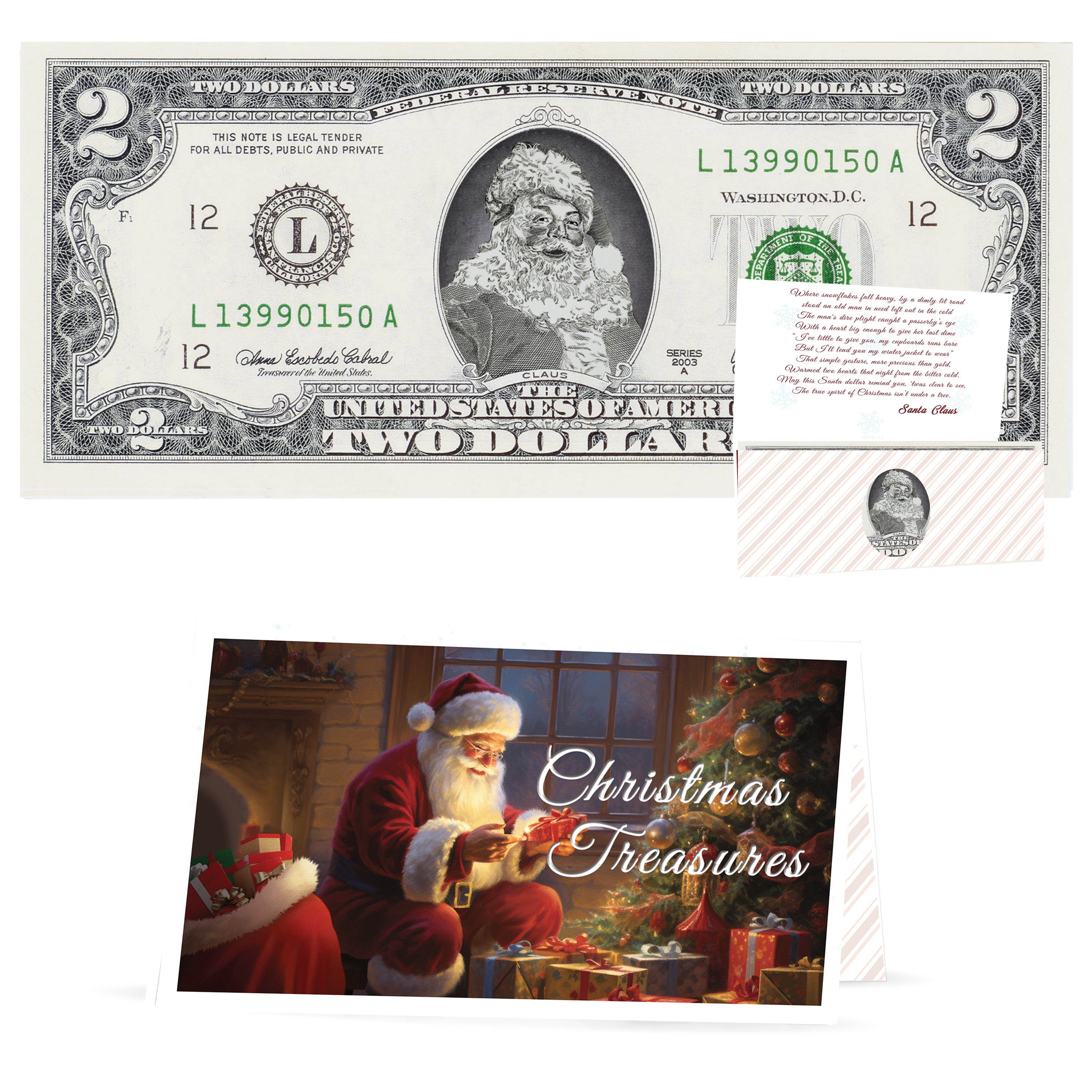 Official Santa Claus $2 Bill. Santa Rosy Red Cheeks Version. Real USD. Bankable & Spendable. The Gift of Christmas Giving