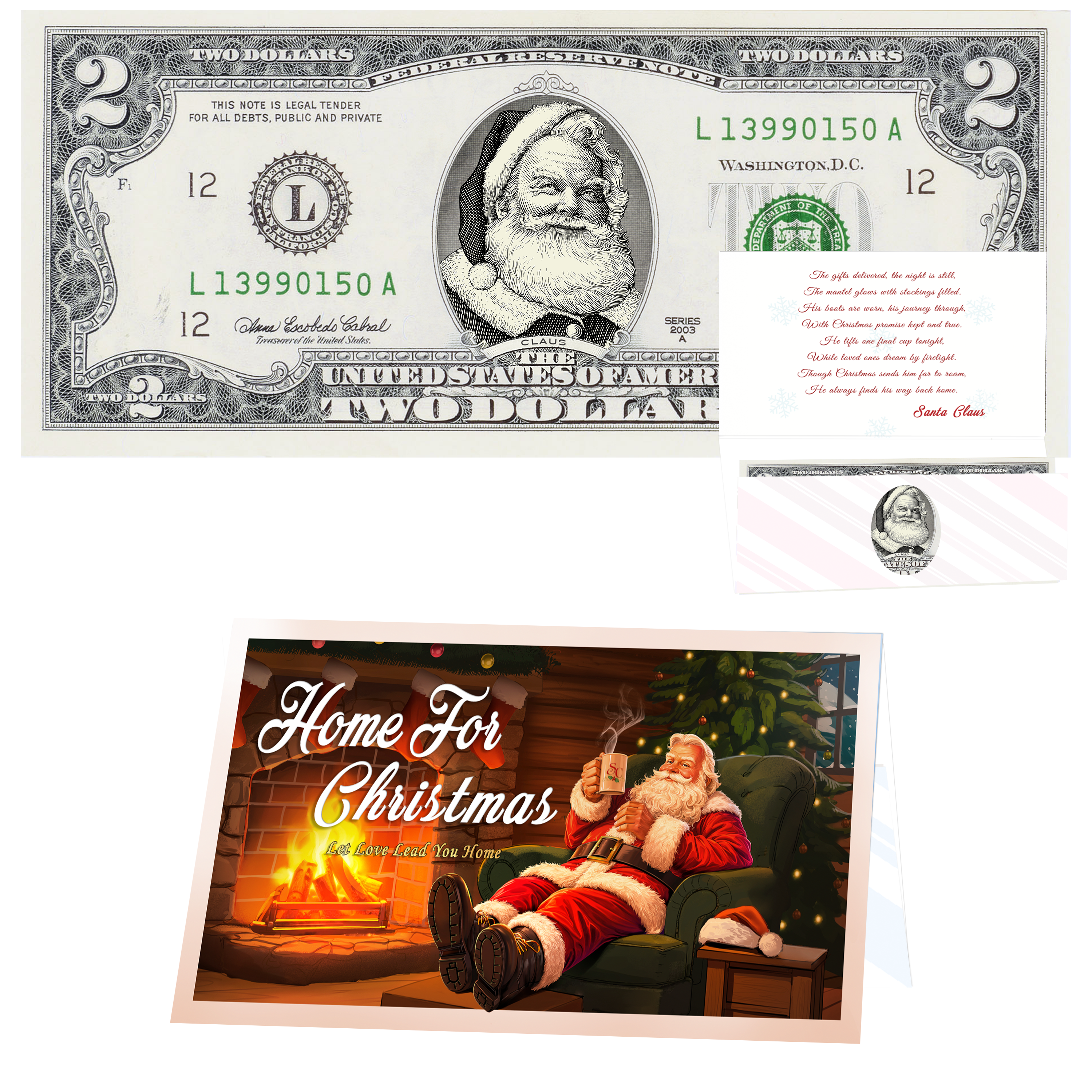Santa Dollar Bill - Beard White as Snow Santa Collectible 2 Dollar Bill – Colorized Genuine U.S. Currency with Home for Christmas Card