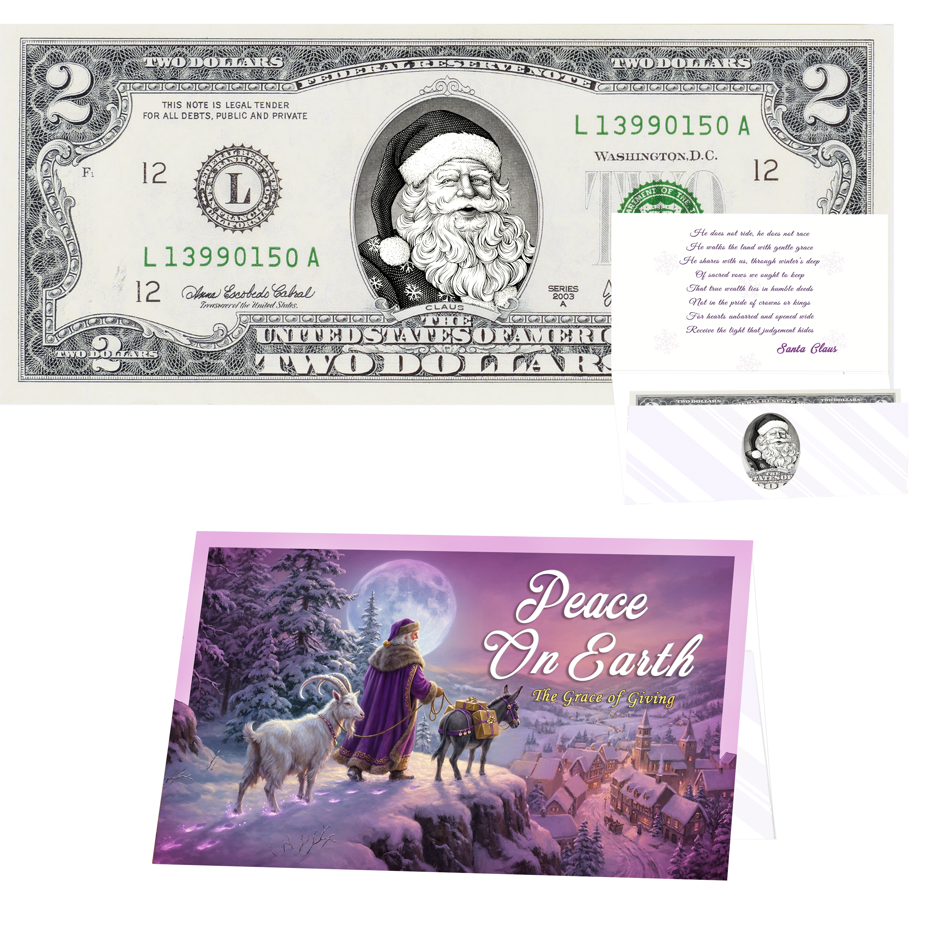 Santa Dollar Bill - Snowflake Santa Edition Collectible 2 Dollar Bill – Colorized Genuine U.S. Currency
