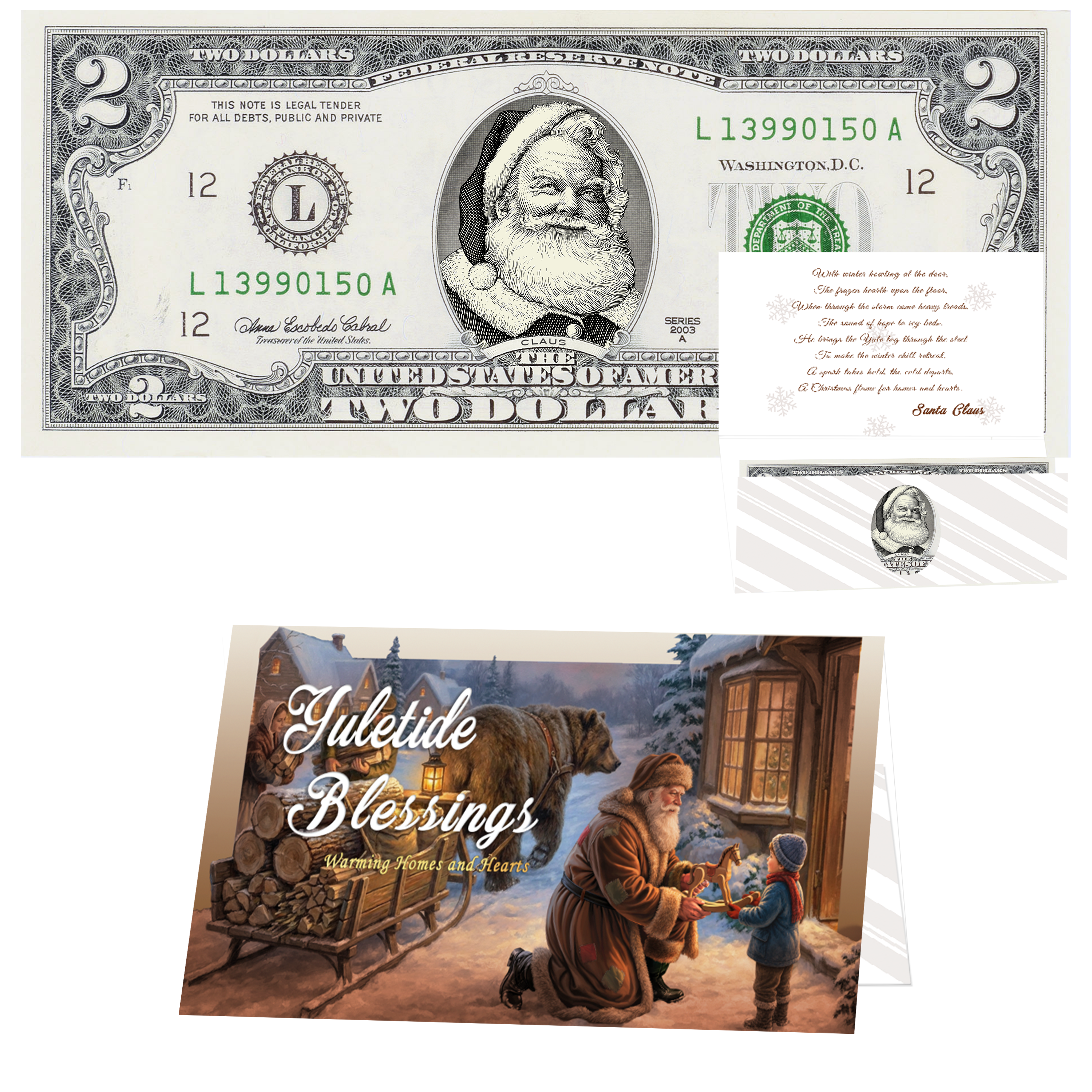 Santa Dollar Bill - Beard White as Snow Santa Collectible 2 Dollar Bill – Colorized Genuine U.S. Currency with Home for Christmas Card