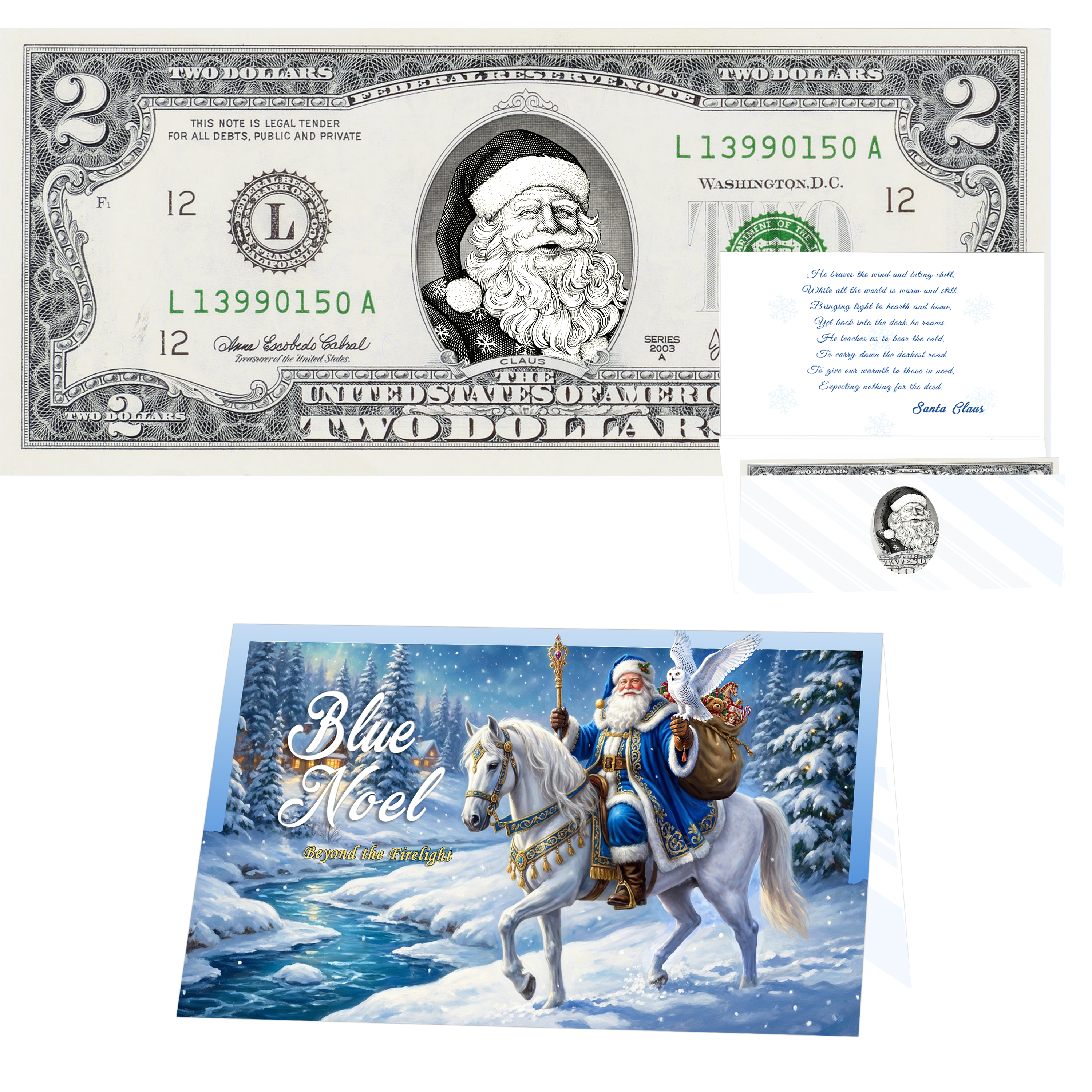 Santa Dollar Bill - Snowflake Santa Edition Collectible 2 Dollar Bill – Colorized Genuine U.S. Currency