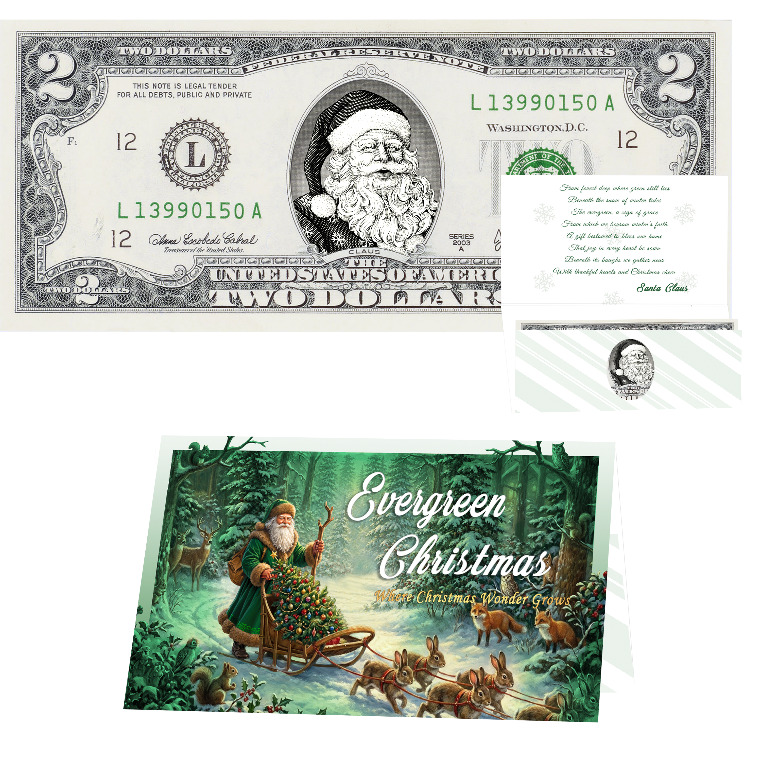 Santa Dollar Bill - Snowflake Santa Edition Collectible 2 Dollar Bill – Colorized Genuine U.S. Currency