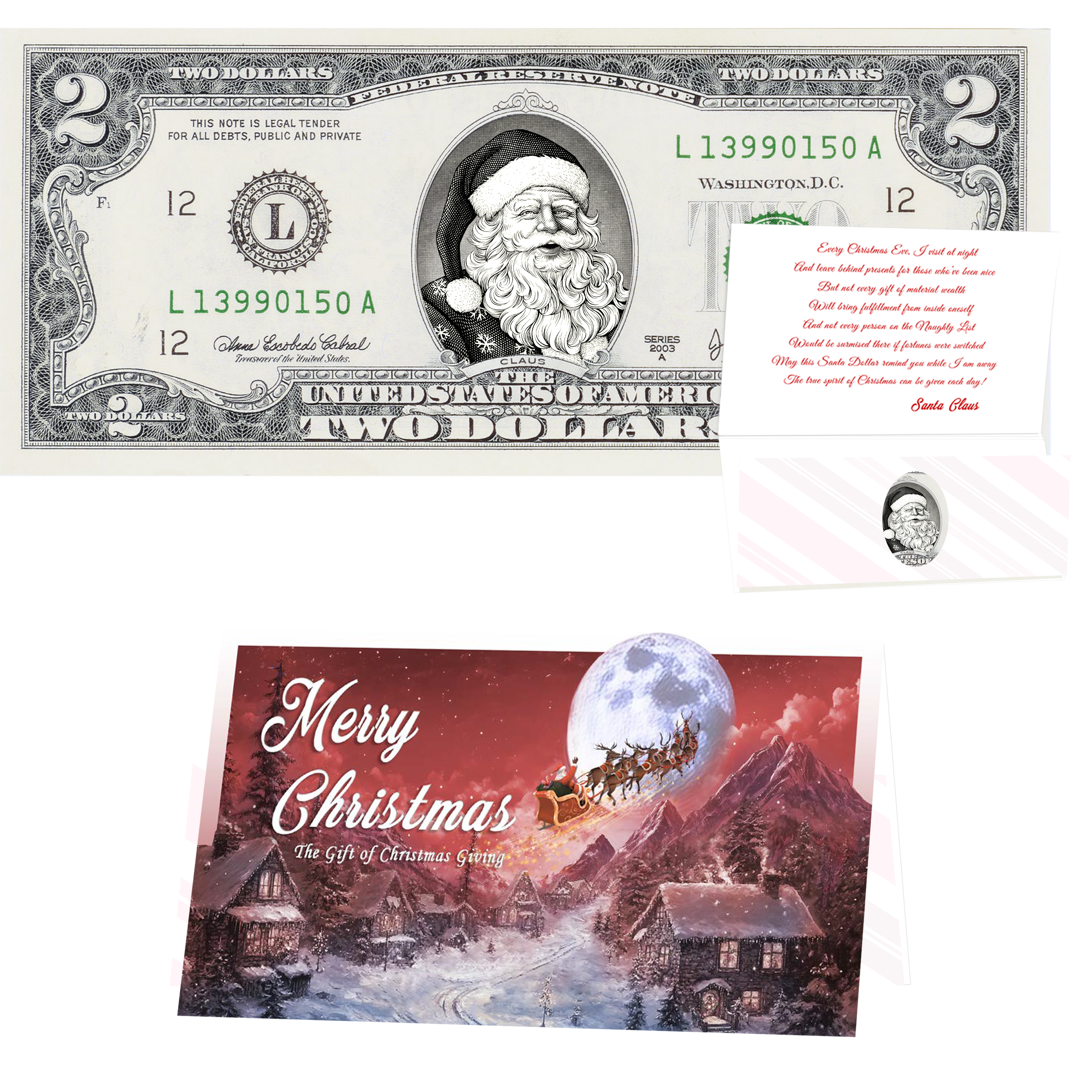Santa Dollar Bill - Snowflake Santa Edition Collectible 2 Dollar Bill – Colorized Genuine U.S. Currency