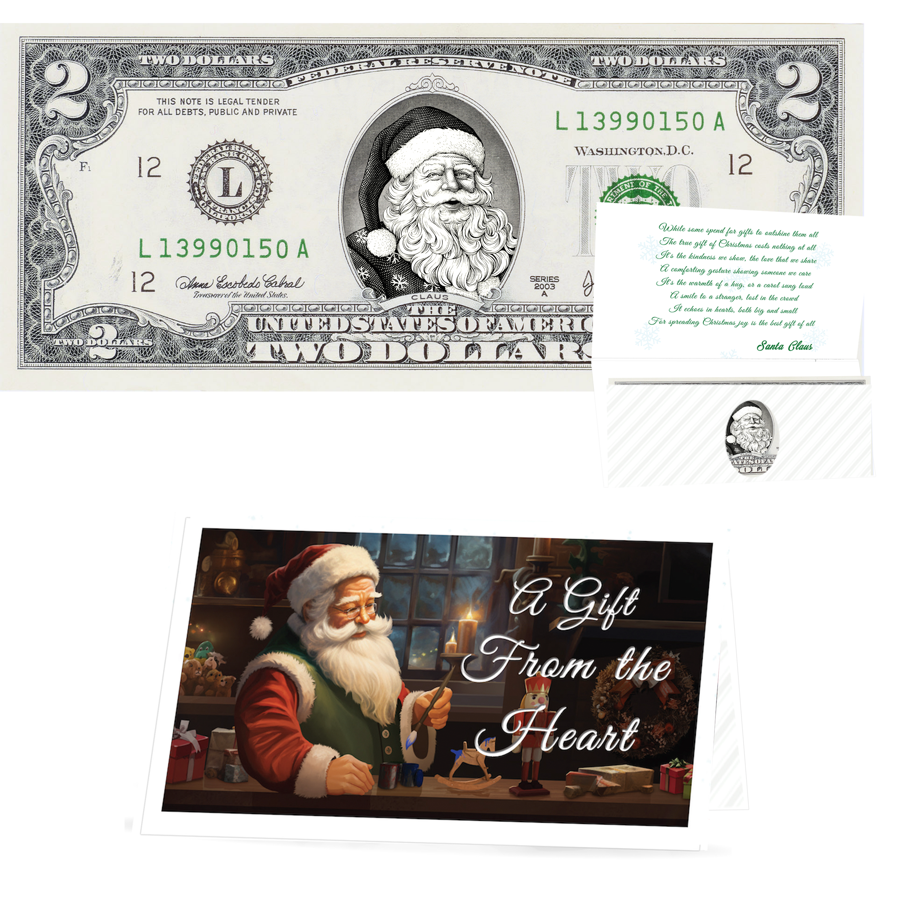 Santa Dollar Bill - Snowflake Santa Edition Collectible 2 Dollar Bill – Colorized Genuine U.S. Currency