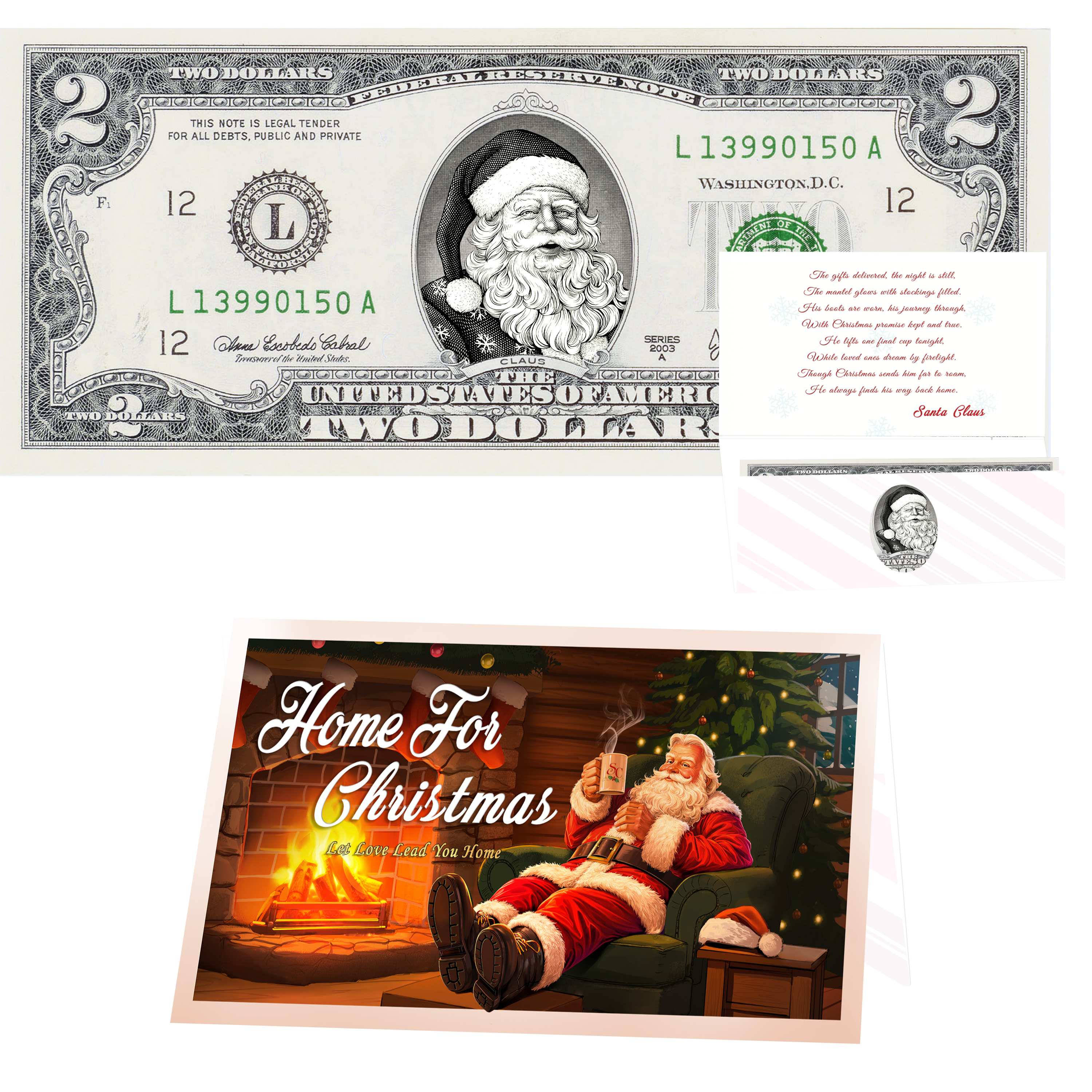 Santa Dollar Bill - Snowflake Santa Edition Collectible 2 Dollar Bill – Colorized Genuine U.S. Currency