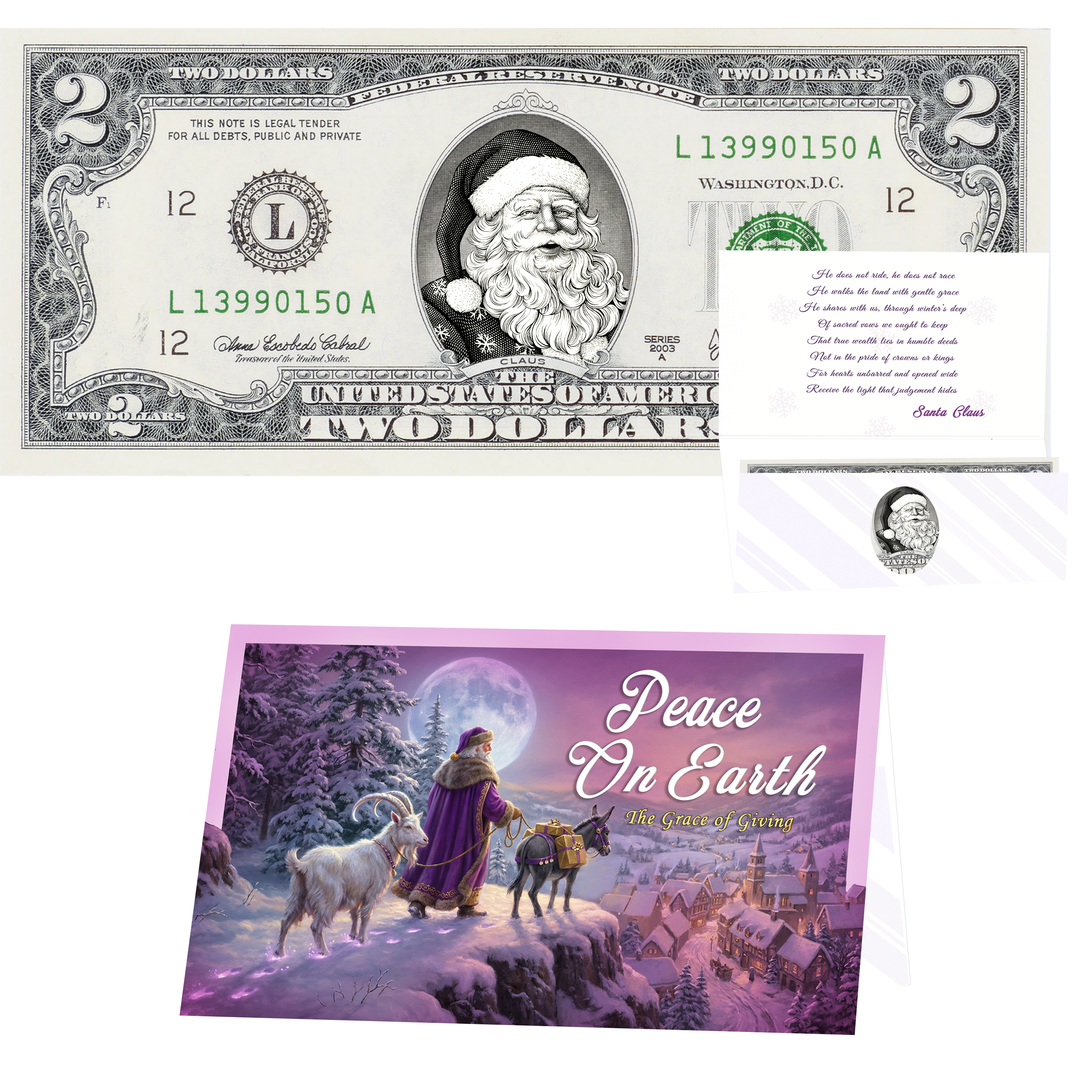 Santa Dollar Bill - Snowflake Santa Edition Collectible 2 Dollar Bill – Colorized Genuine U.S. Currency