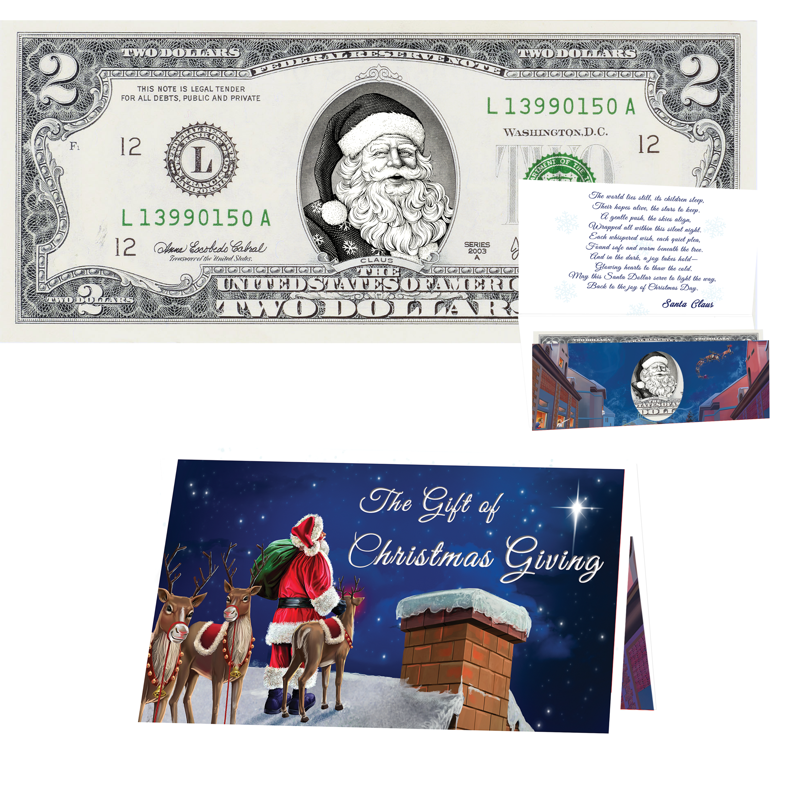 Santa Dollar Bill - Snowflake Santa Edition Collectible 2 Dollar Bill – Colorized Genuine U.S. Currency