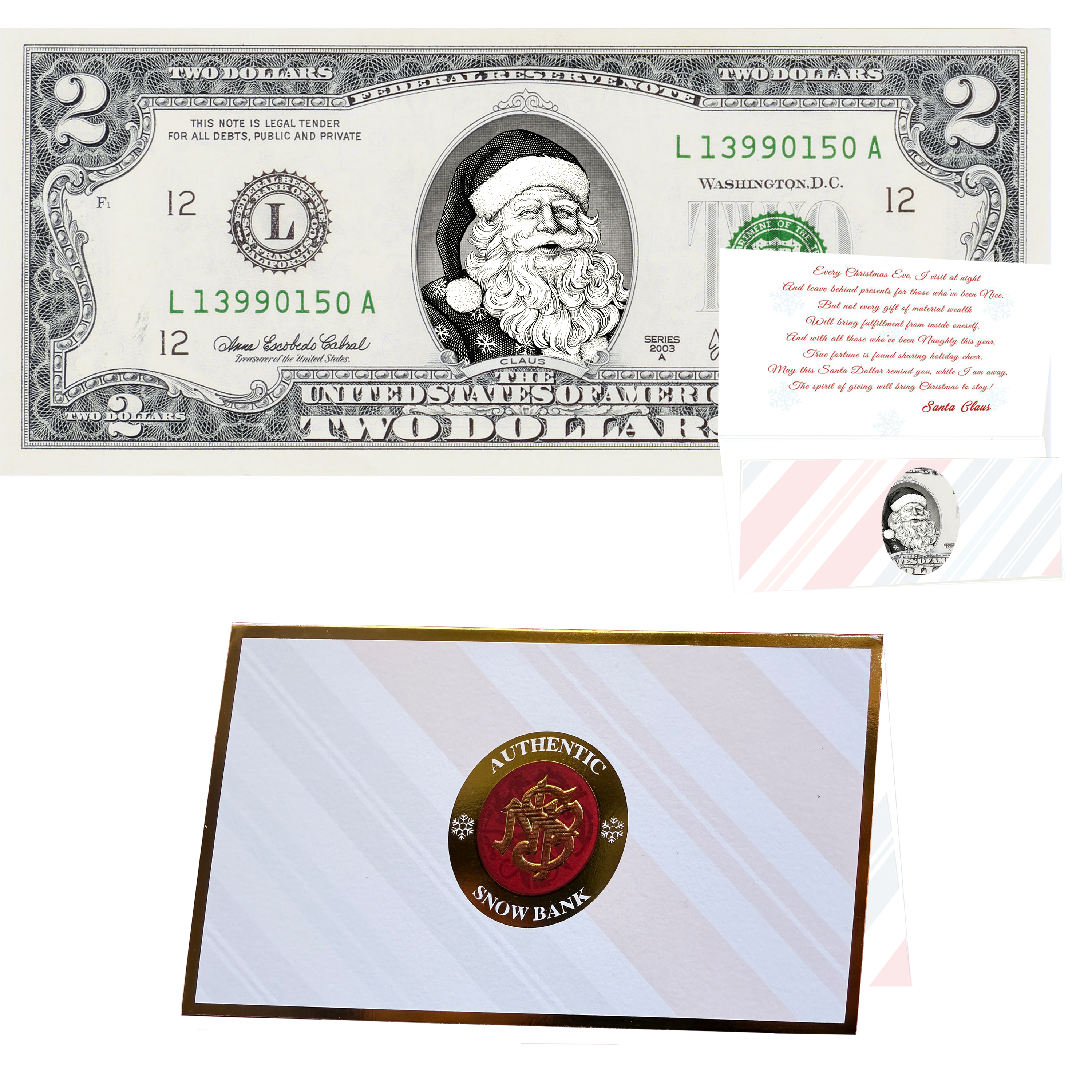 Santa Dollar Bill - Snowflake Santa Edition Collectible 2 Dollar Bill – Colorized Genuine U.S. Currency