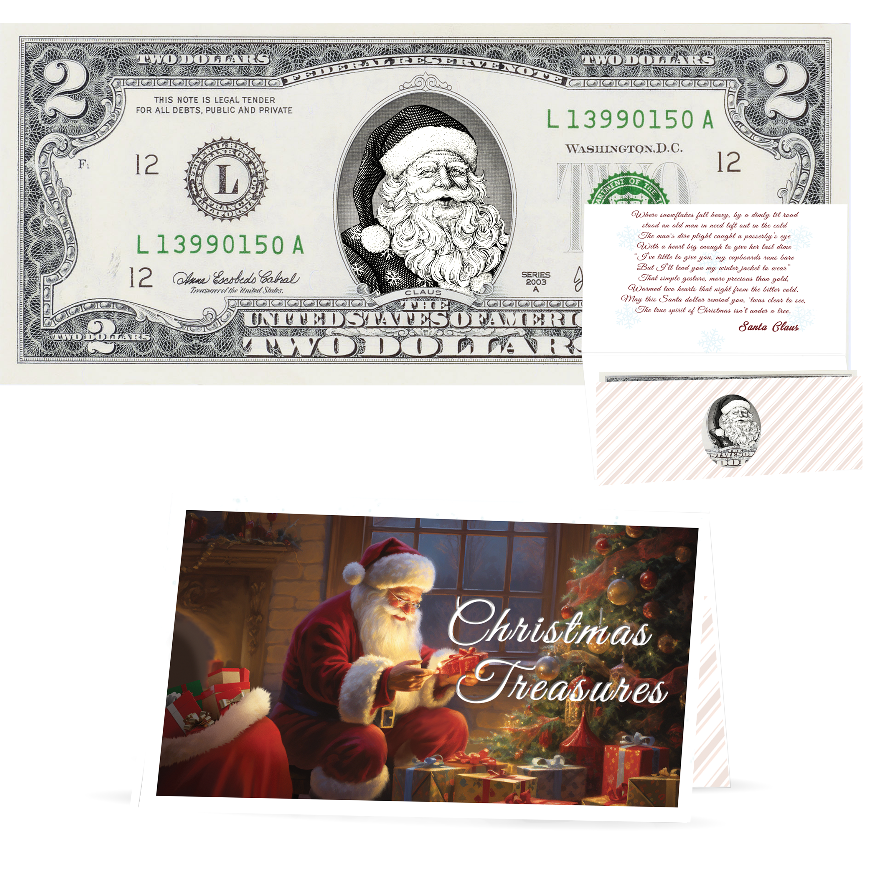 Santa Dollar Bill - Snowflake Santa Edition Collectible 2 Dollar Bill – Colorized Genuine U.S. Currency