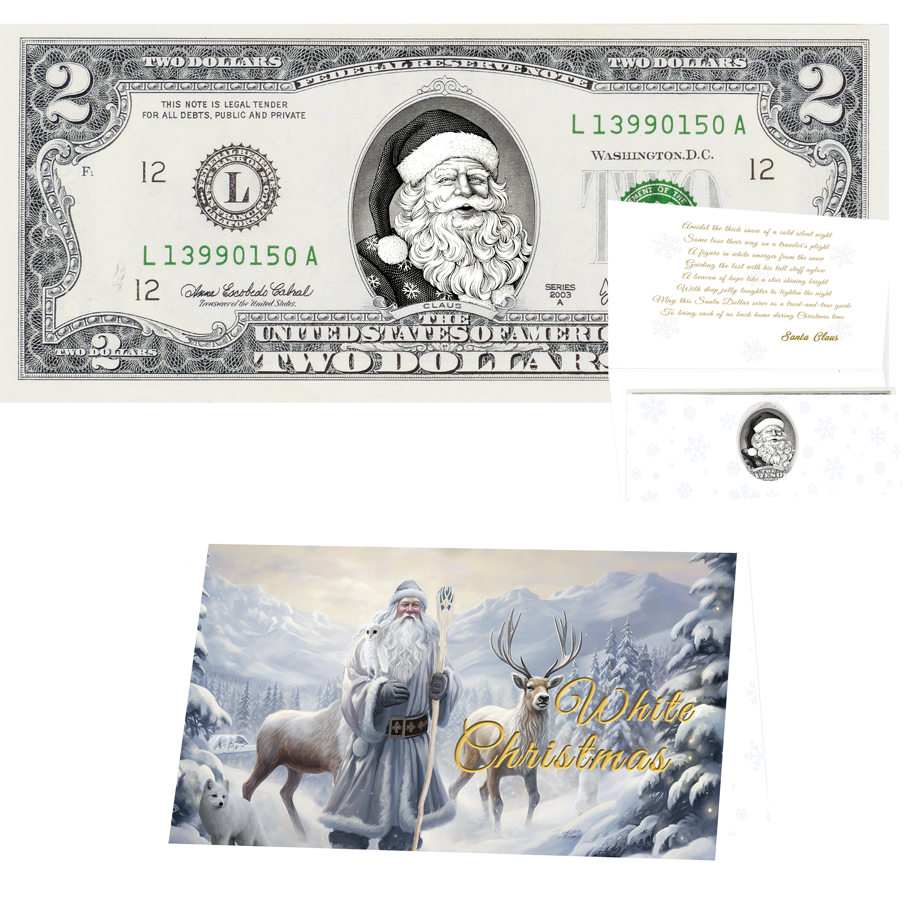 Santa Dollar Bill - Snowflake Santa Edition Collectible 2 Dollar Bill – Colorized Genuine U.S. Currency
