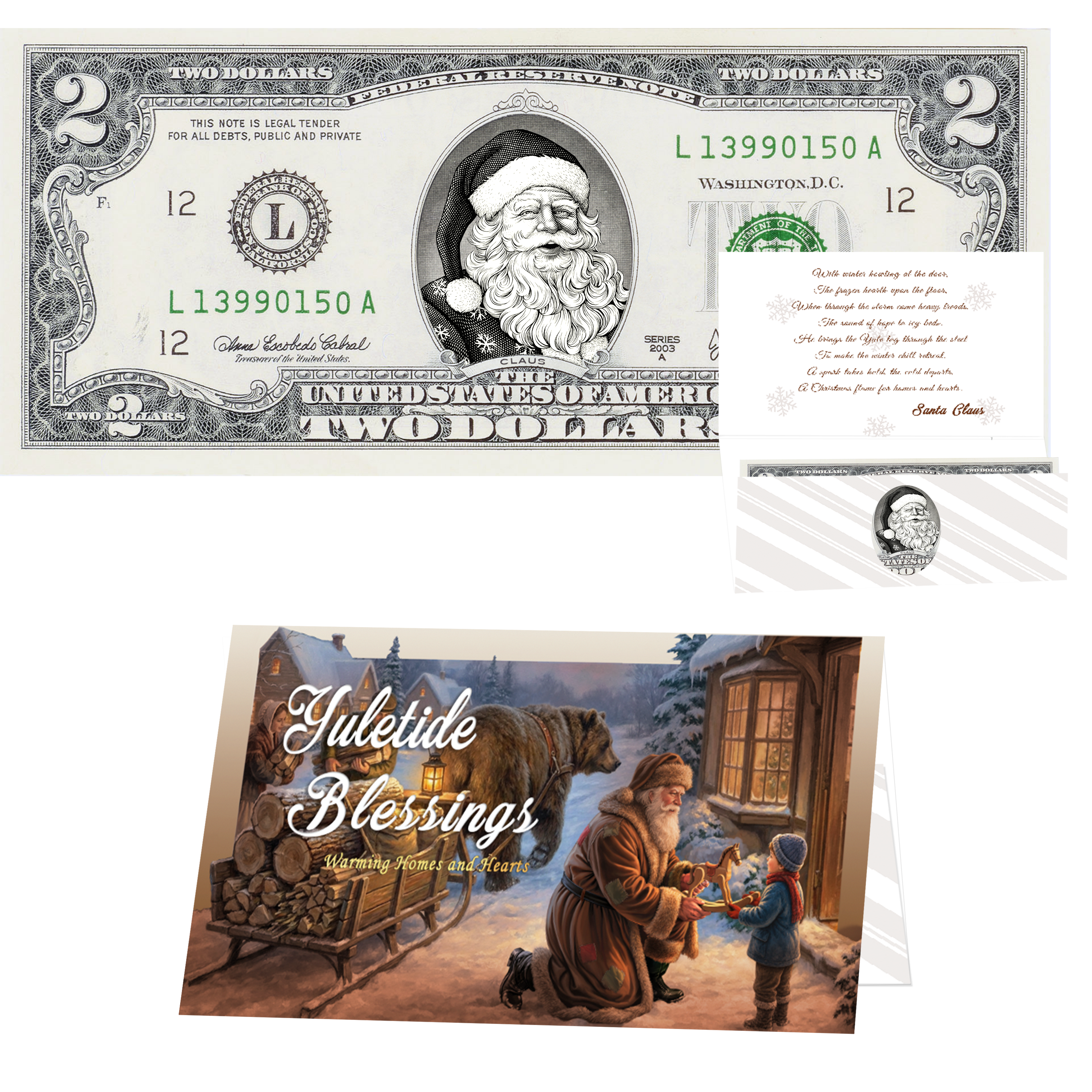Santa Dollar Bill - Snowflake Santa Edition Collectible 2 Dollar Bill – Colorized Genuine U.S. Currency