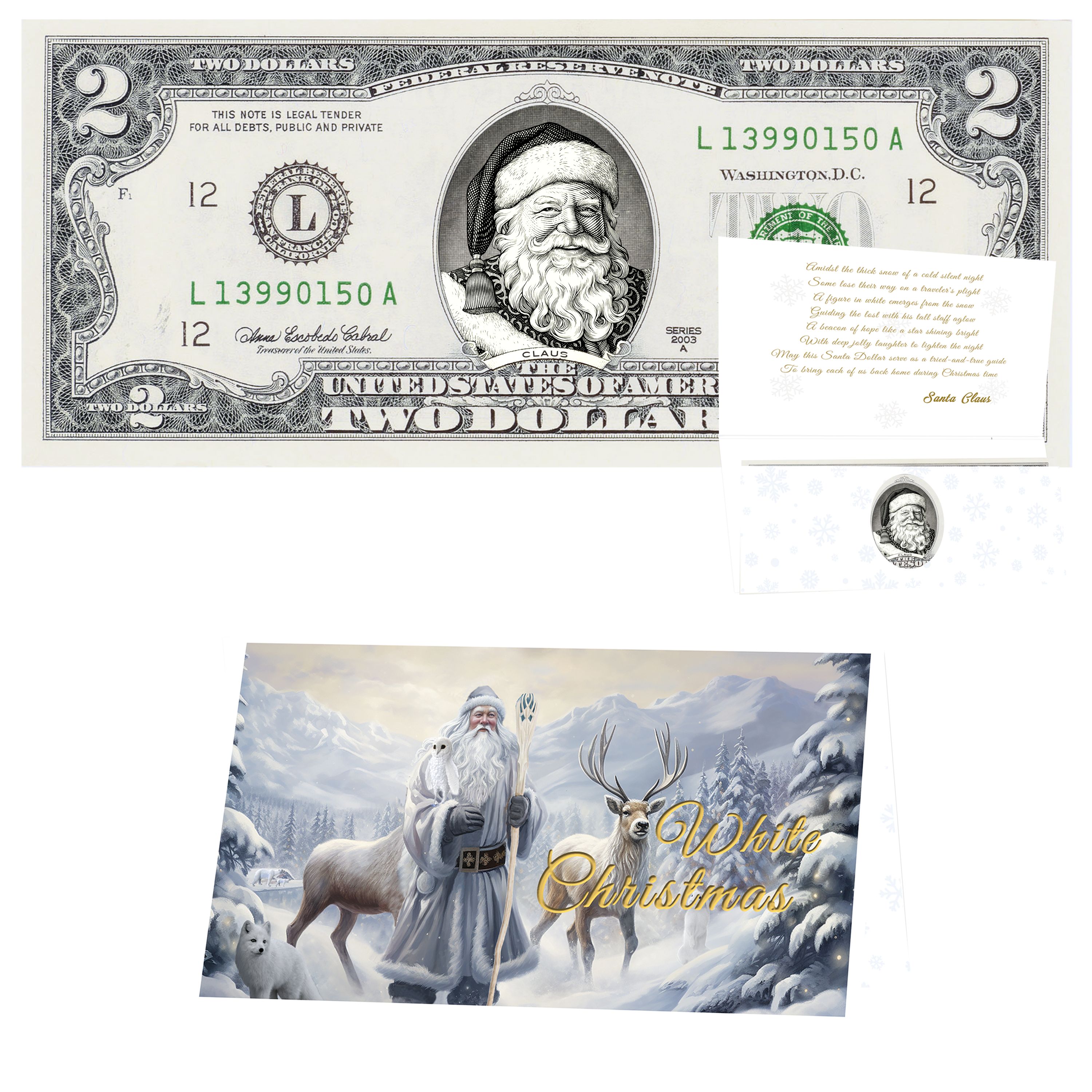 Santa Dollar Bill - Victorian Santa Edition - Collectible 2 Dollar Bill – Colorized Genuine U.S. Currency