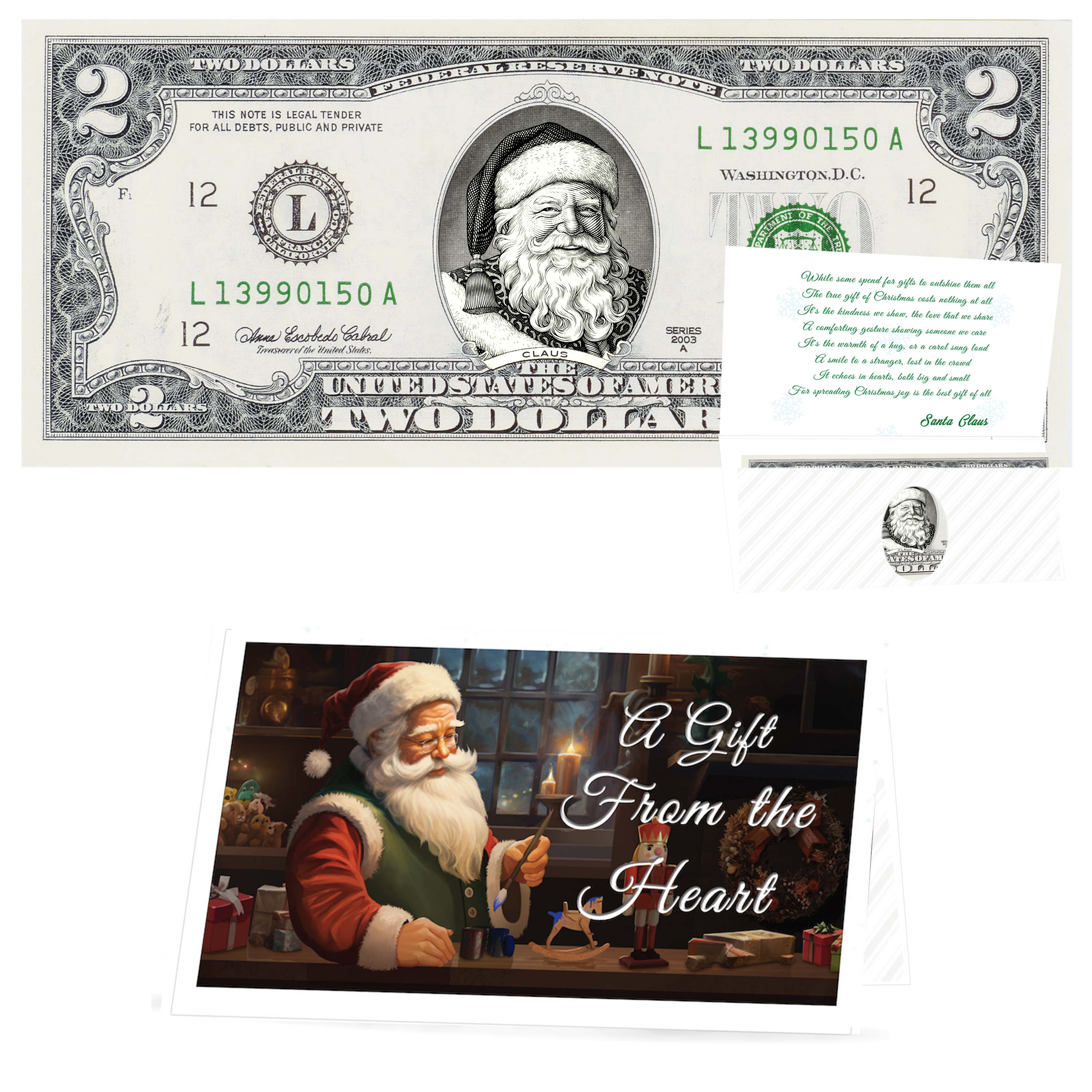 Santa Dollar Bill - Victorian Santa Edition - Collectible 2 Dollar Bill – Colorized Genuine U.S. Currency