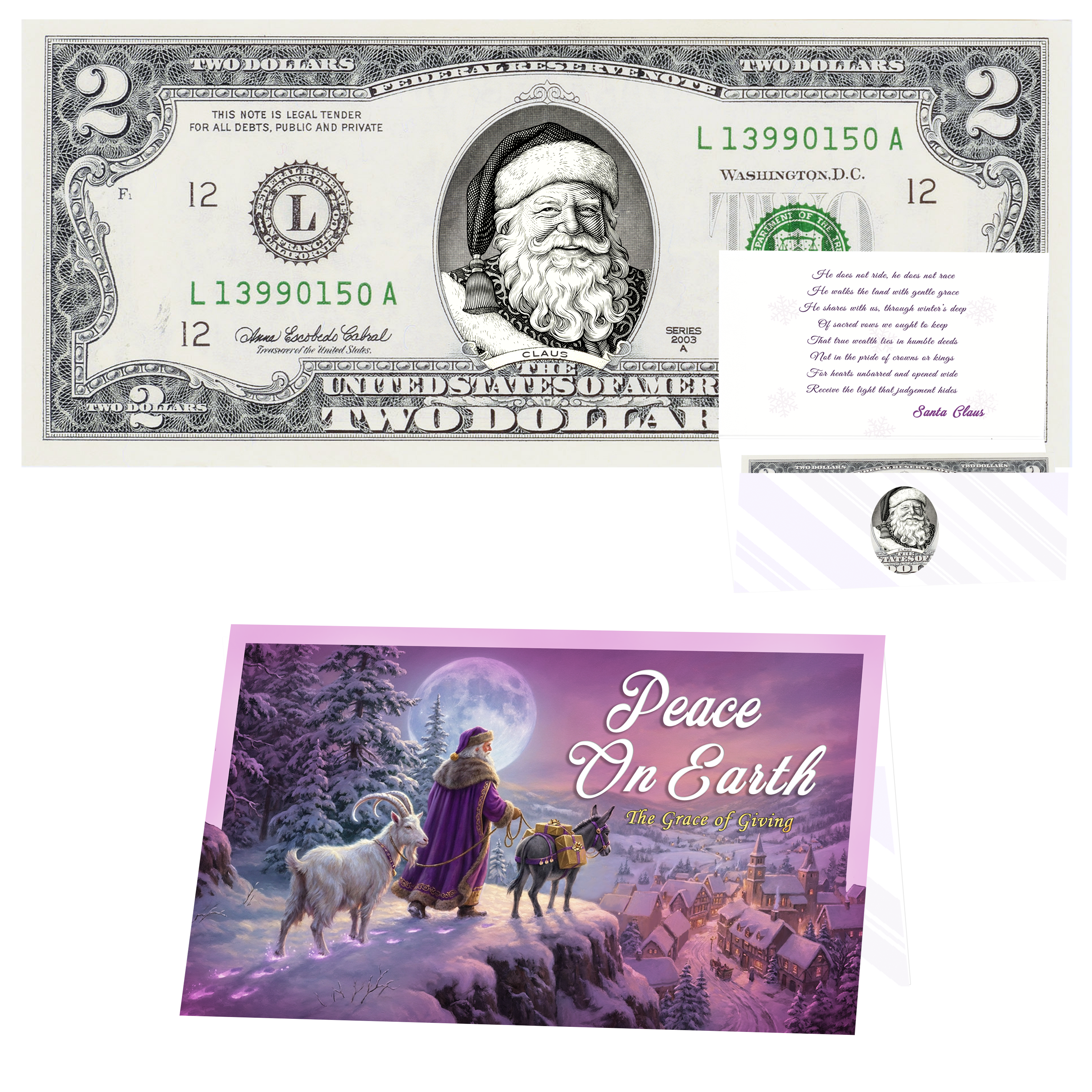 Santa Dollar Bill - Victorian Santa Edition - Collectible 2 Dollar Bill – Colorized Genuine U.S. Currency