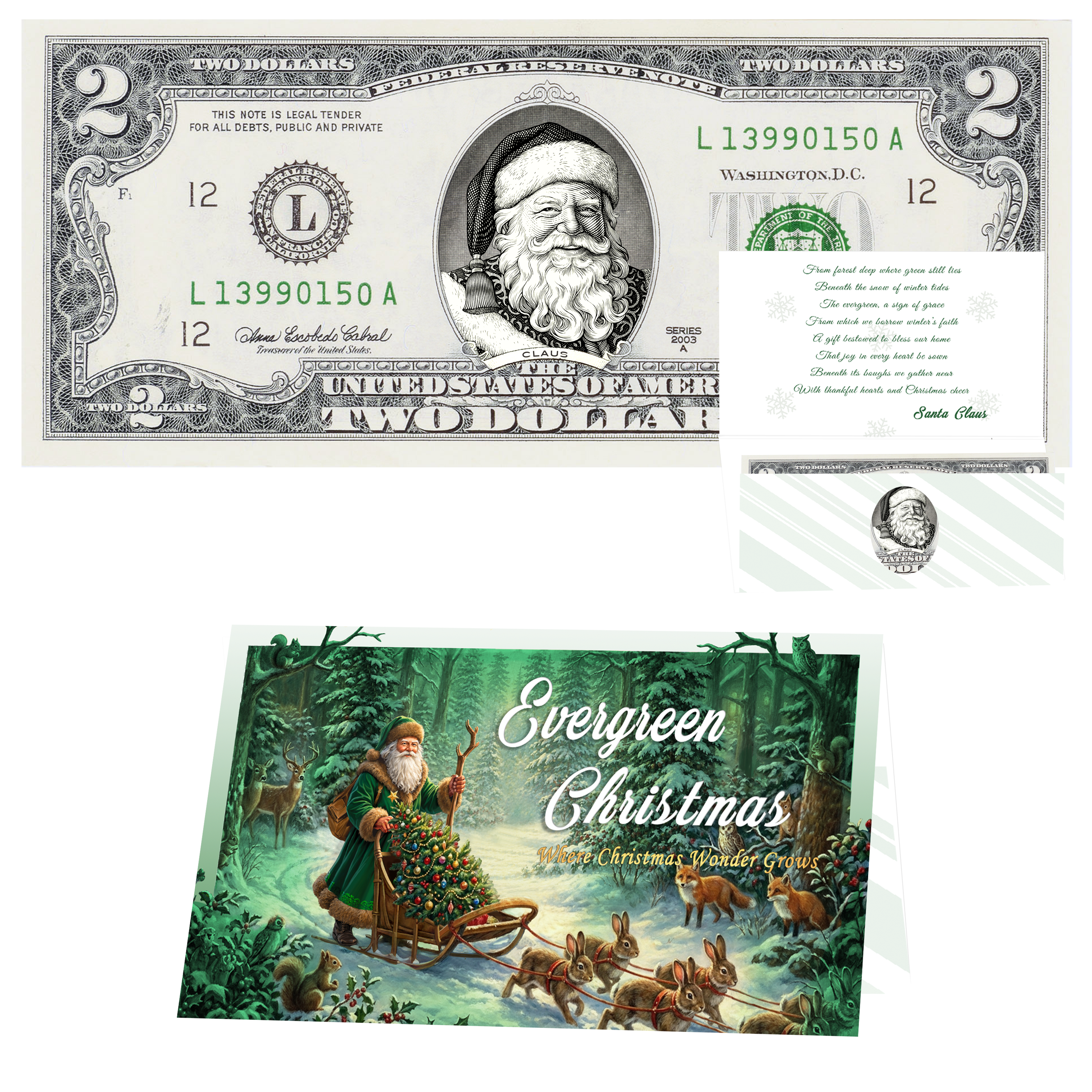 Santa Dollar Bill - Victorian Santa Edition - Collectible 2 Dollar Bill – Colorized Genuine U.S. Currency