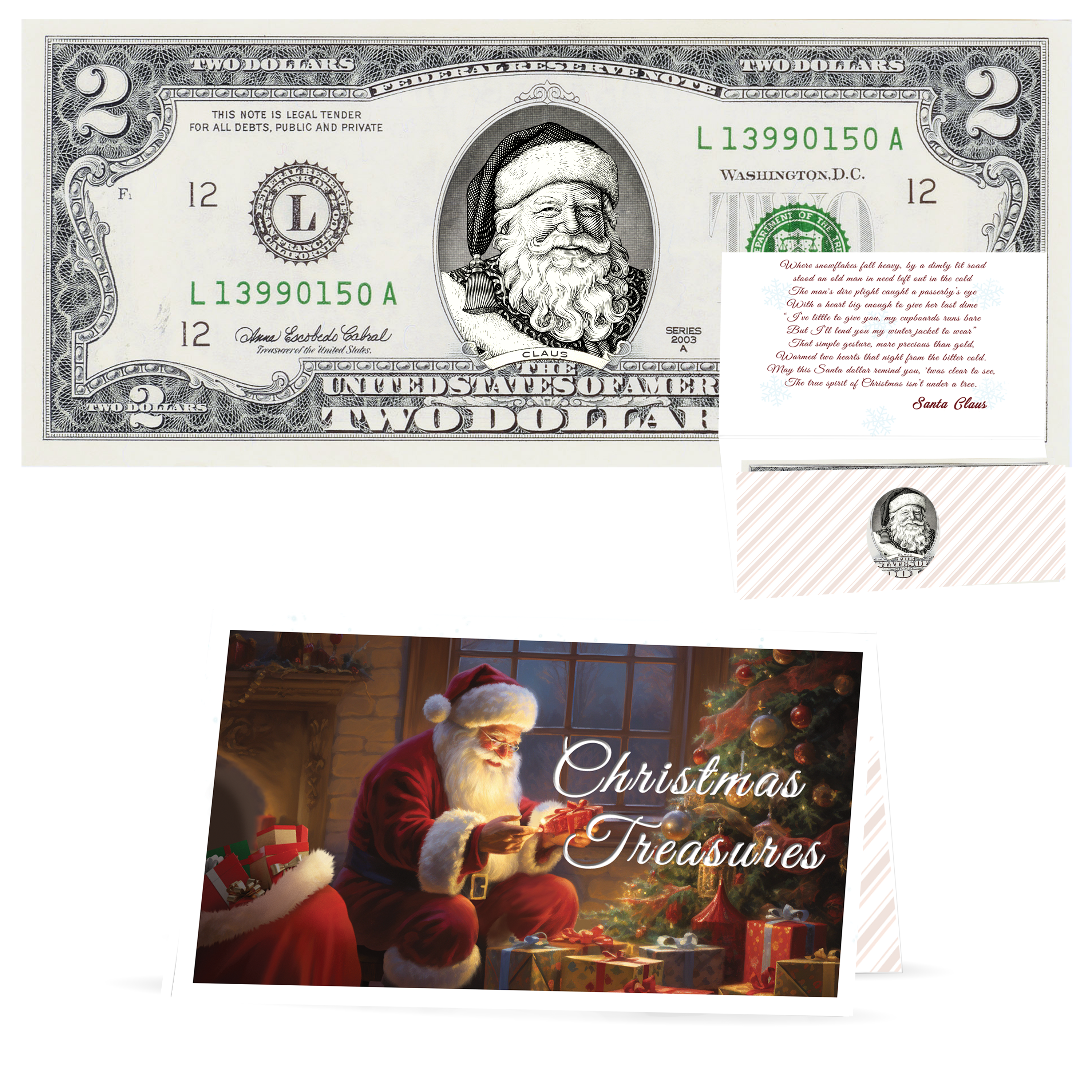 Santa Dollar Bill - Victorian Santa Edition - Collectible 2 Dollar Bill – Colorized Genuine U.S. Currency