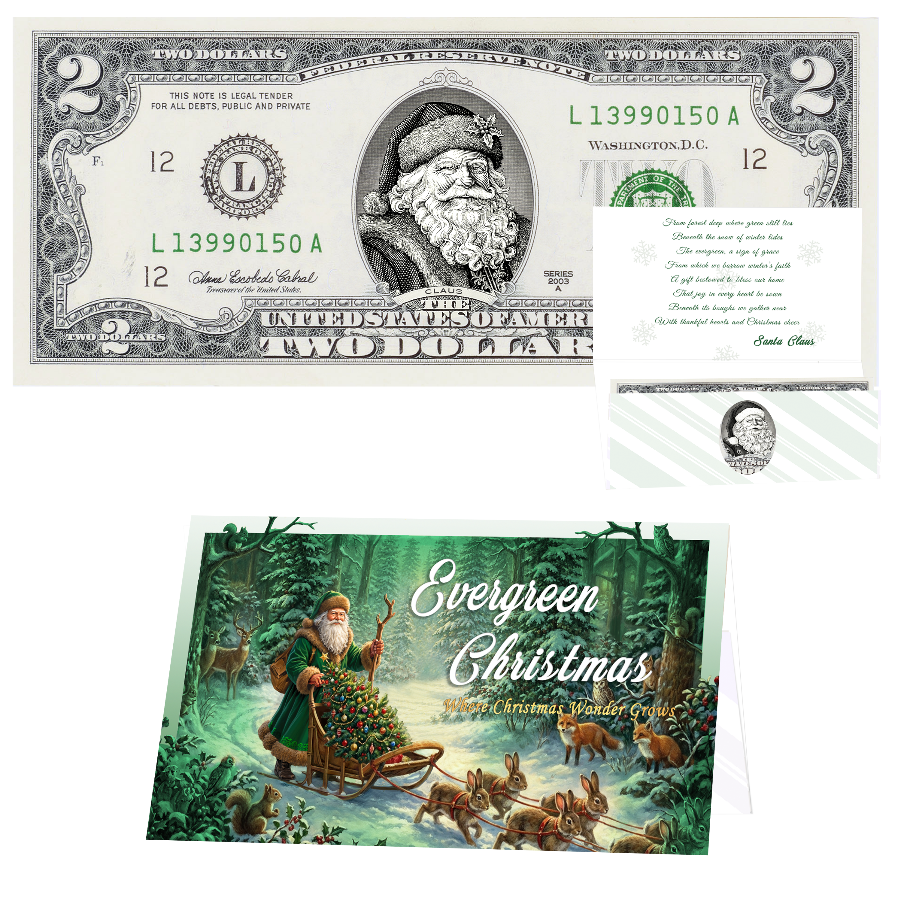 Santa Dollar Bill - Winter Woods Santa Edition - Collectible 2 Dollar Bill – Colorized Genuine U.S. Currency
