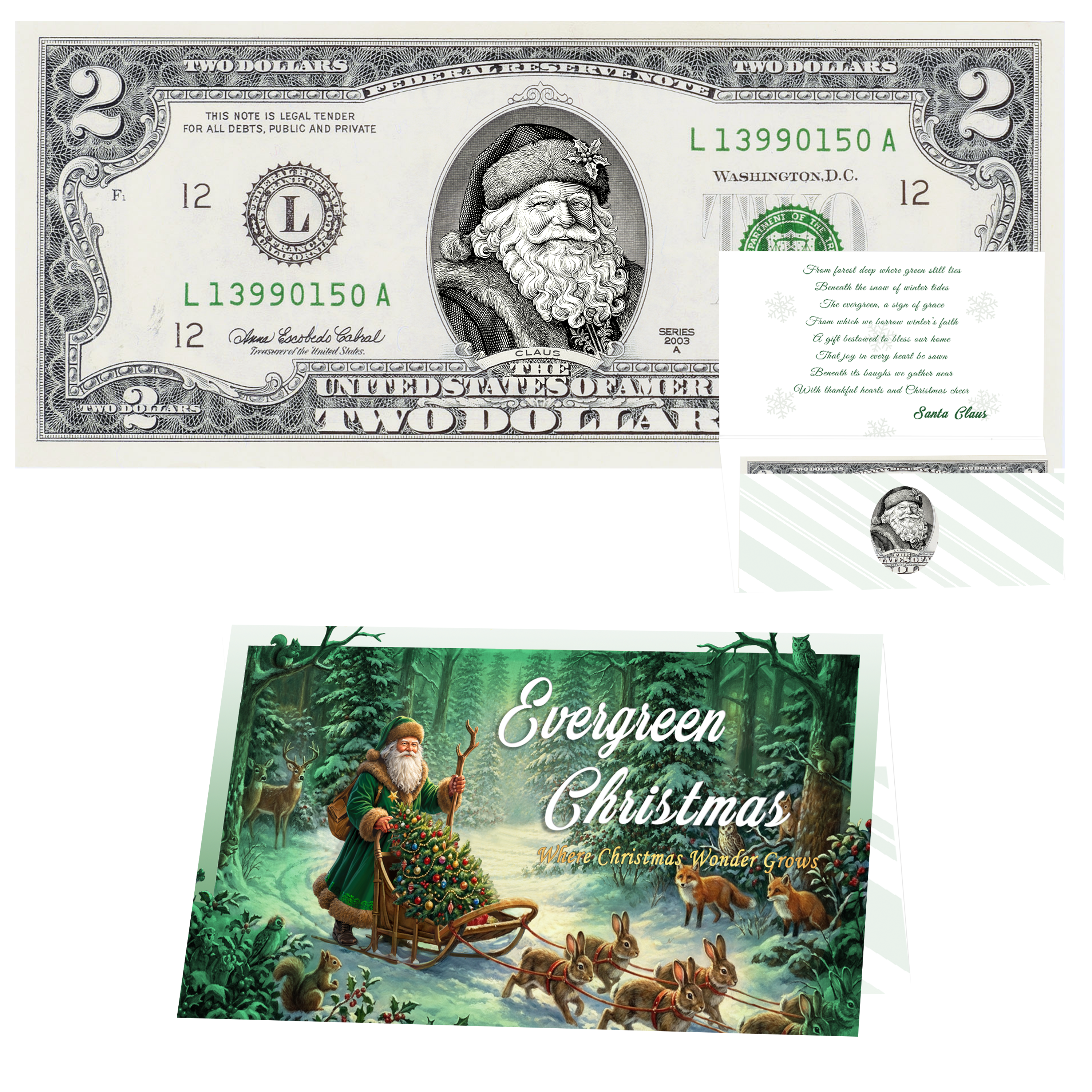 Santa Dollar Bill - Winter Woods Santa Edition - Collectible 2 Dollar Bill – Colorized Genuine U.S. Currency