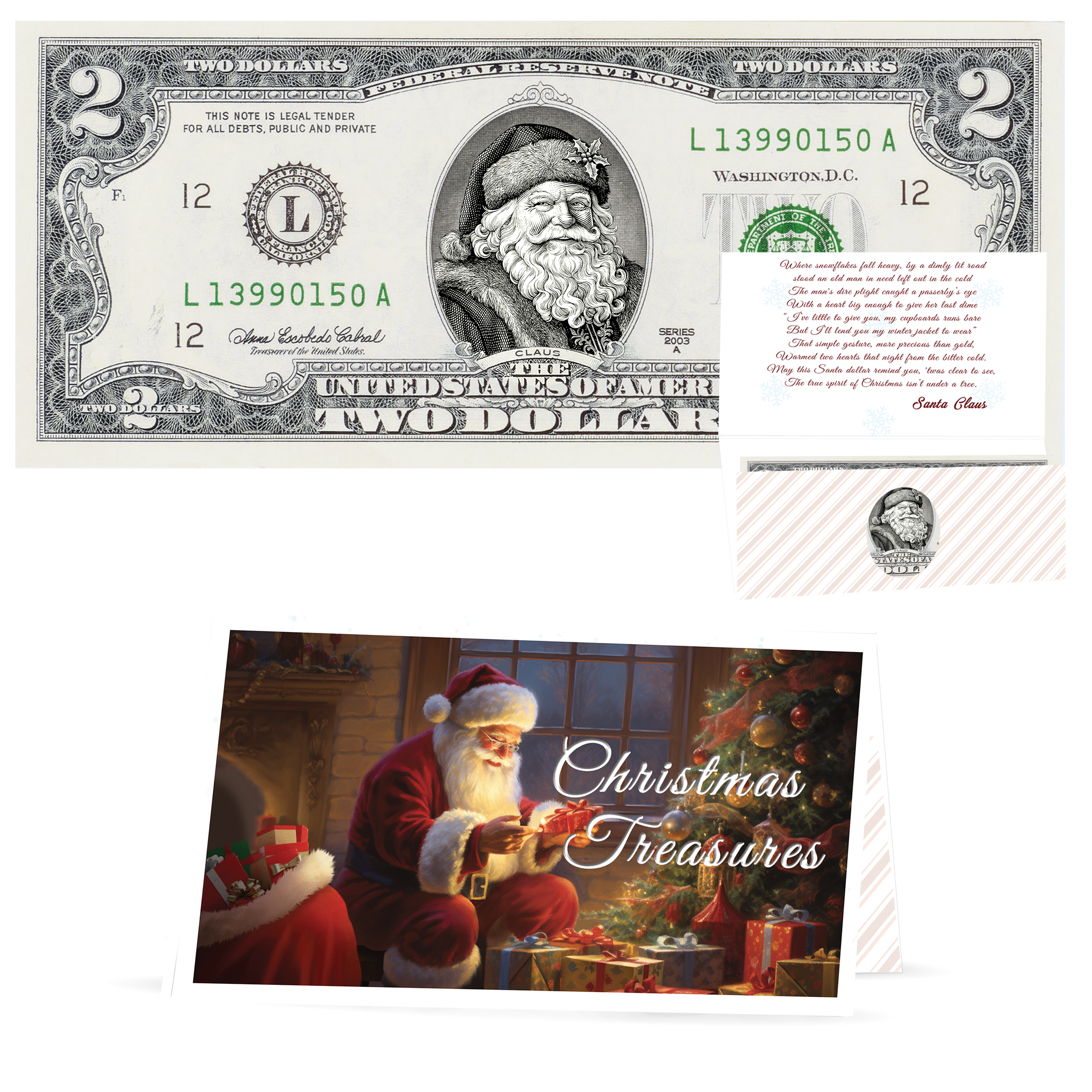 Santa Dollar Bill - Winter Woods Santa Edition - Collectible 2 Dollar Bill – Colorized Genuine U.S. Currency