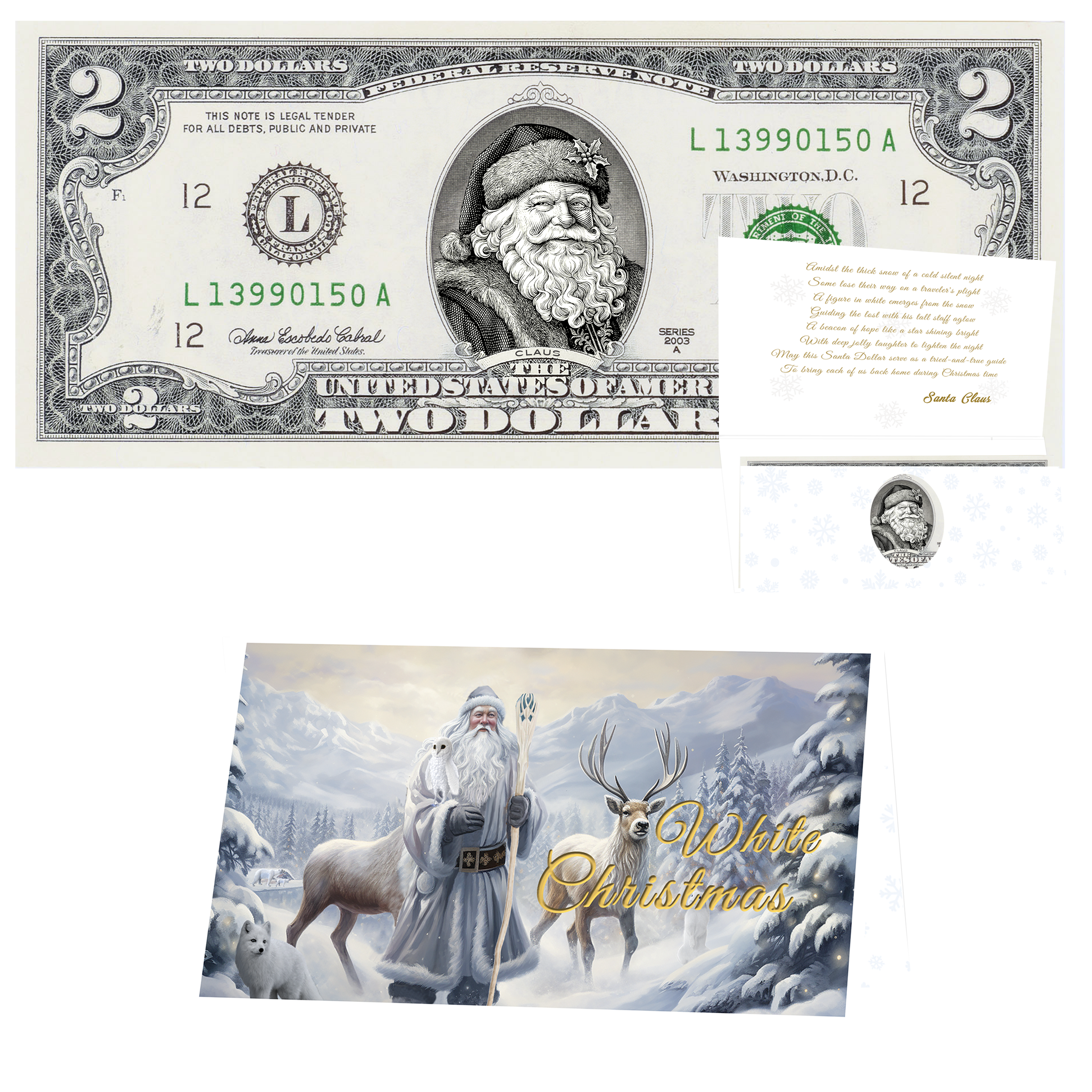 Santa Dollar Bill - Winter Woods Santa Edition - Collectible 2 Dollar Bill – Colorized Genuine U.S. Currency