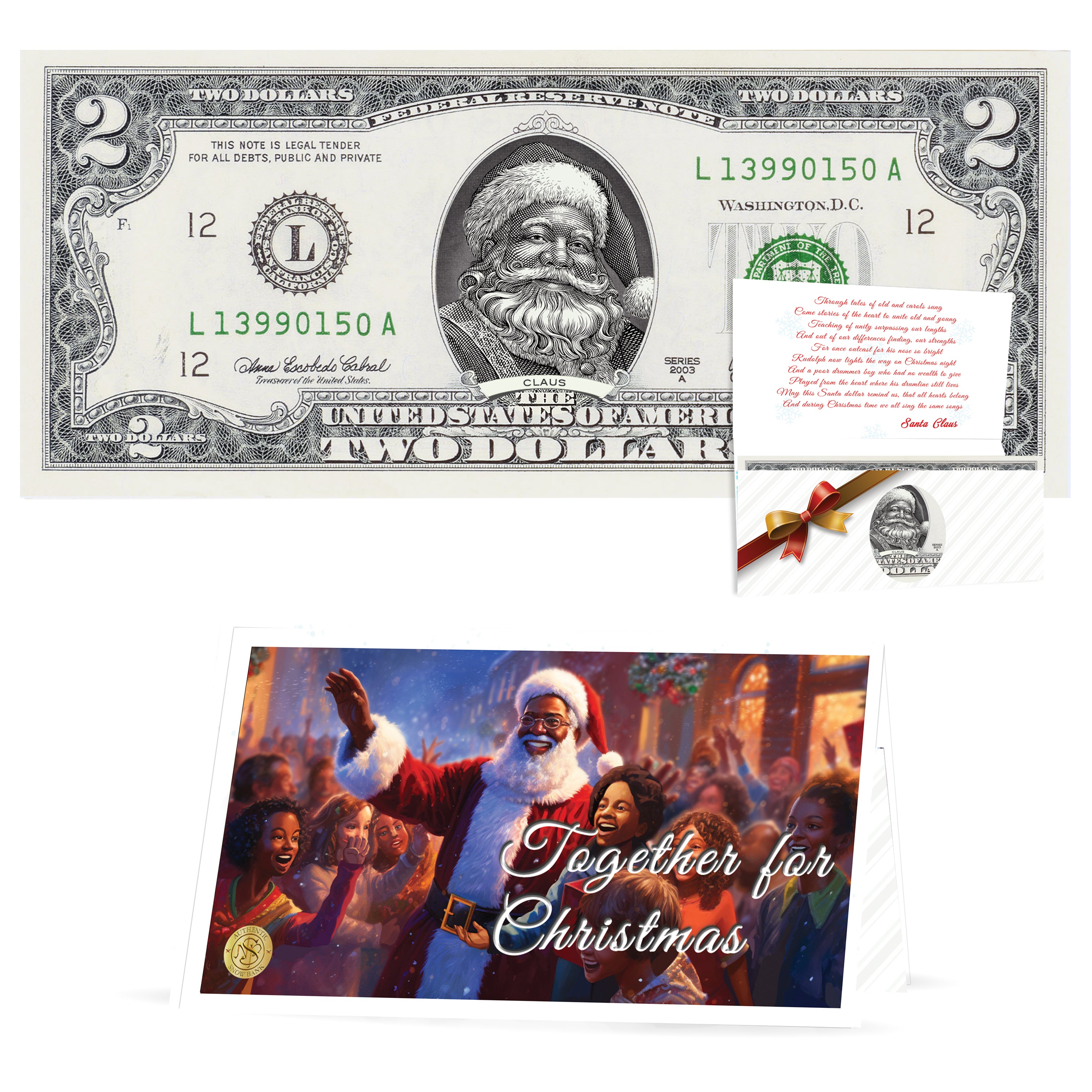 Official Santa Claus $2 Bill. Multi-Ethnic, African American, Black Santa Version. Real USD. Bankable & Spendable. The Gift of Christmas Giving