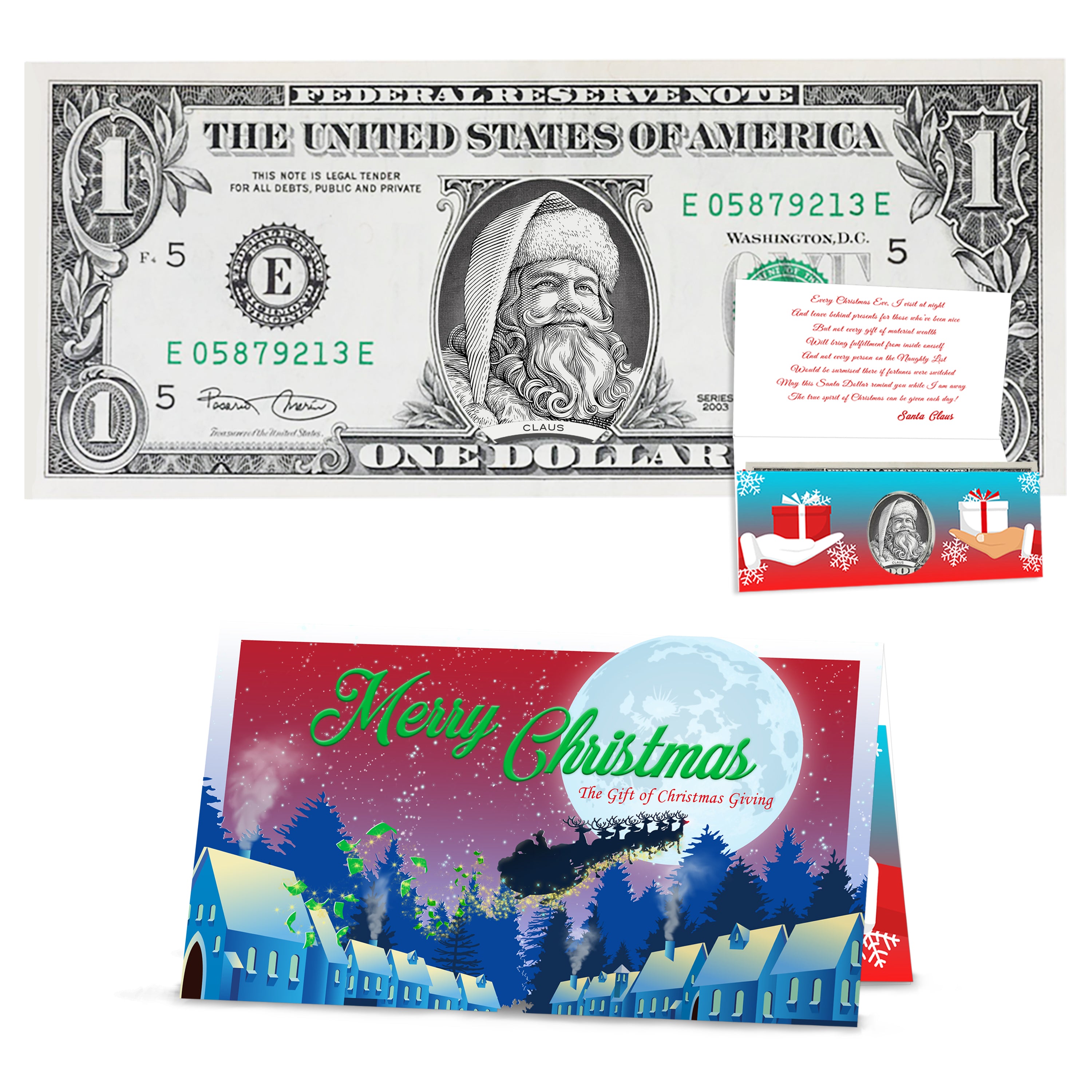 The Official Santa Claus Dollar Bill. "Santa the White" Version. Perfect Stocking Stuffer. Complete Gift Christmas Gift Package with Holiday Greeting Card. Affordable Christmas Gift