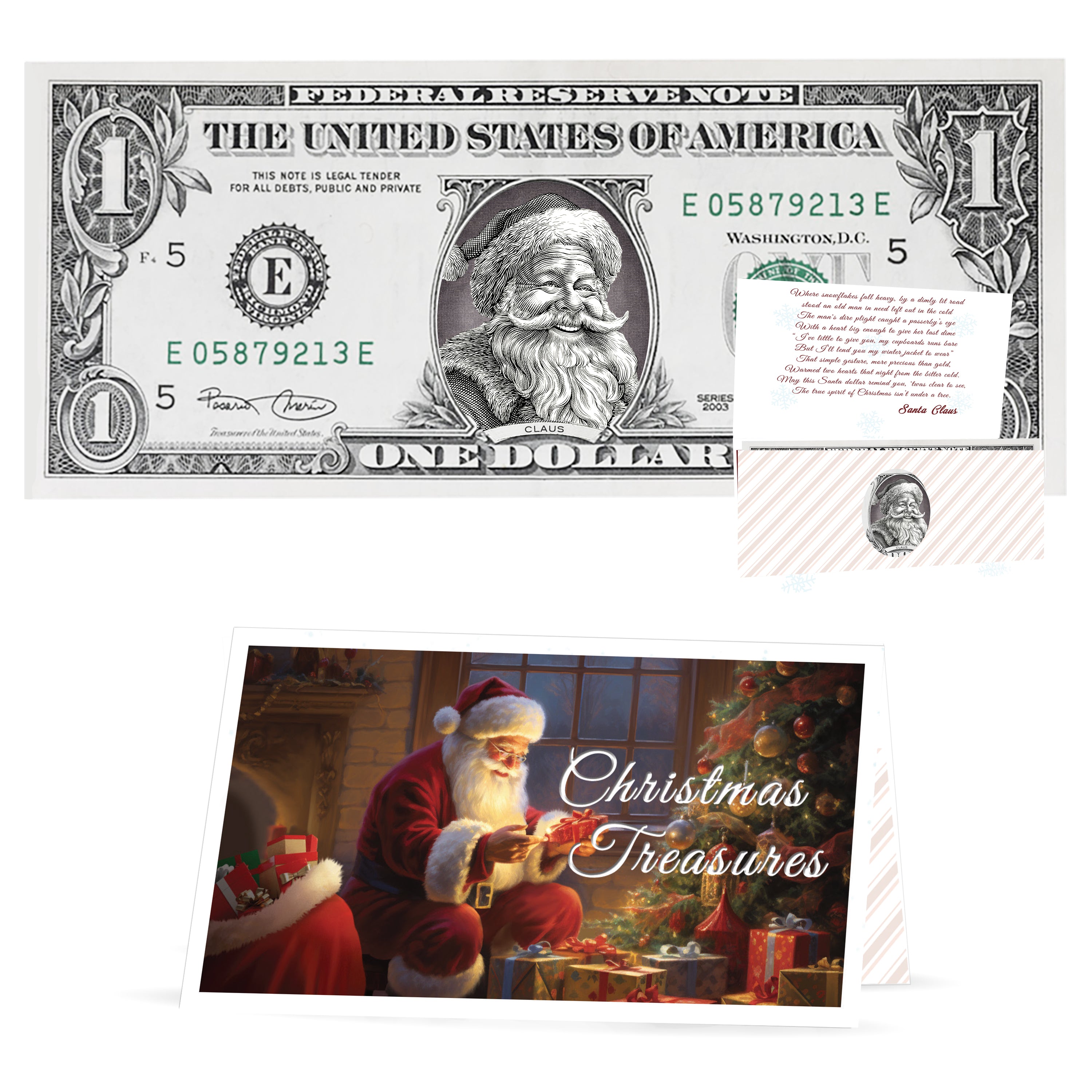 The Official Santa Claus Dollar Bill. "Jolly Old Santa" Version. Perfect Stocking Stuffer. Complete Gift Christmas Gift Package with Holiday Greeting Card. Affordable Christmas Gift