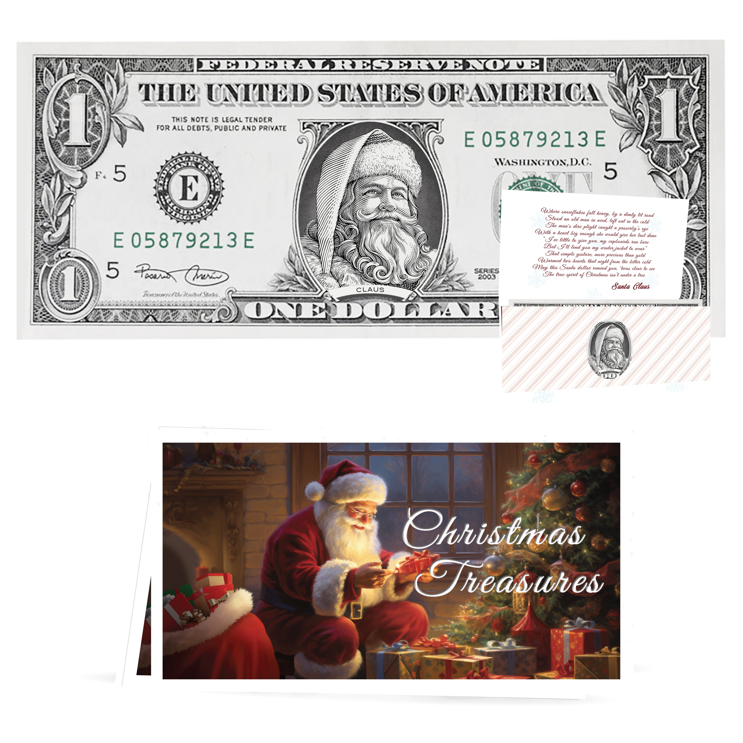 The Official Santa Claus Dollar Bill. "Santa the White" Version. Perfect Stocking Stuffer. Complete Gift Christmas Gift Package with Holiday Greeting Card. Affordable Christmas Gift