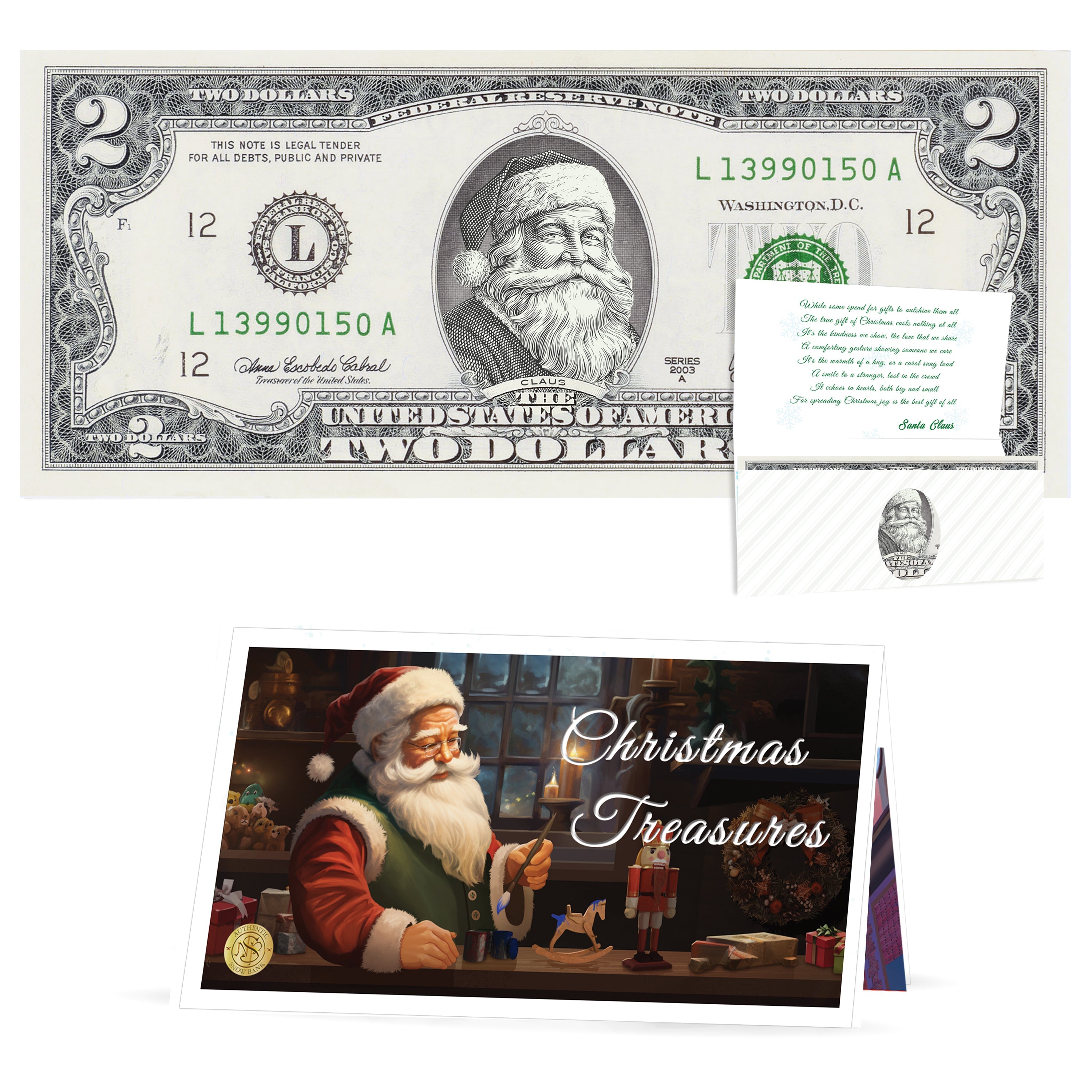 Official Santa Claus $2 Bill. Santa With Twinkle in His Eyes Version. Real USD. Bankable & Spendable. The Gift of Christmas Giving