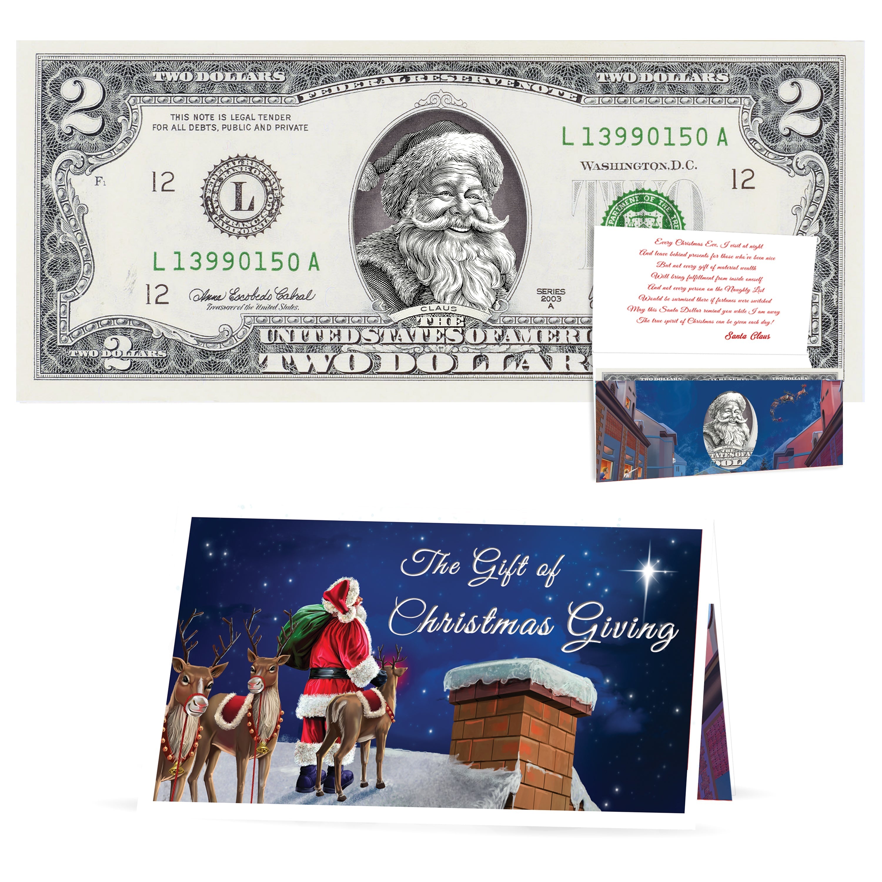 Official Santa Claus $2 Bill. Santa Rosy Red Cheeks Version. Real USD. Bankable & Spendable. The Gift of Christmas Giving