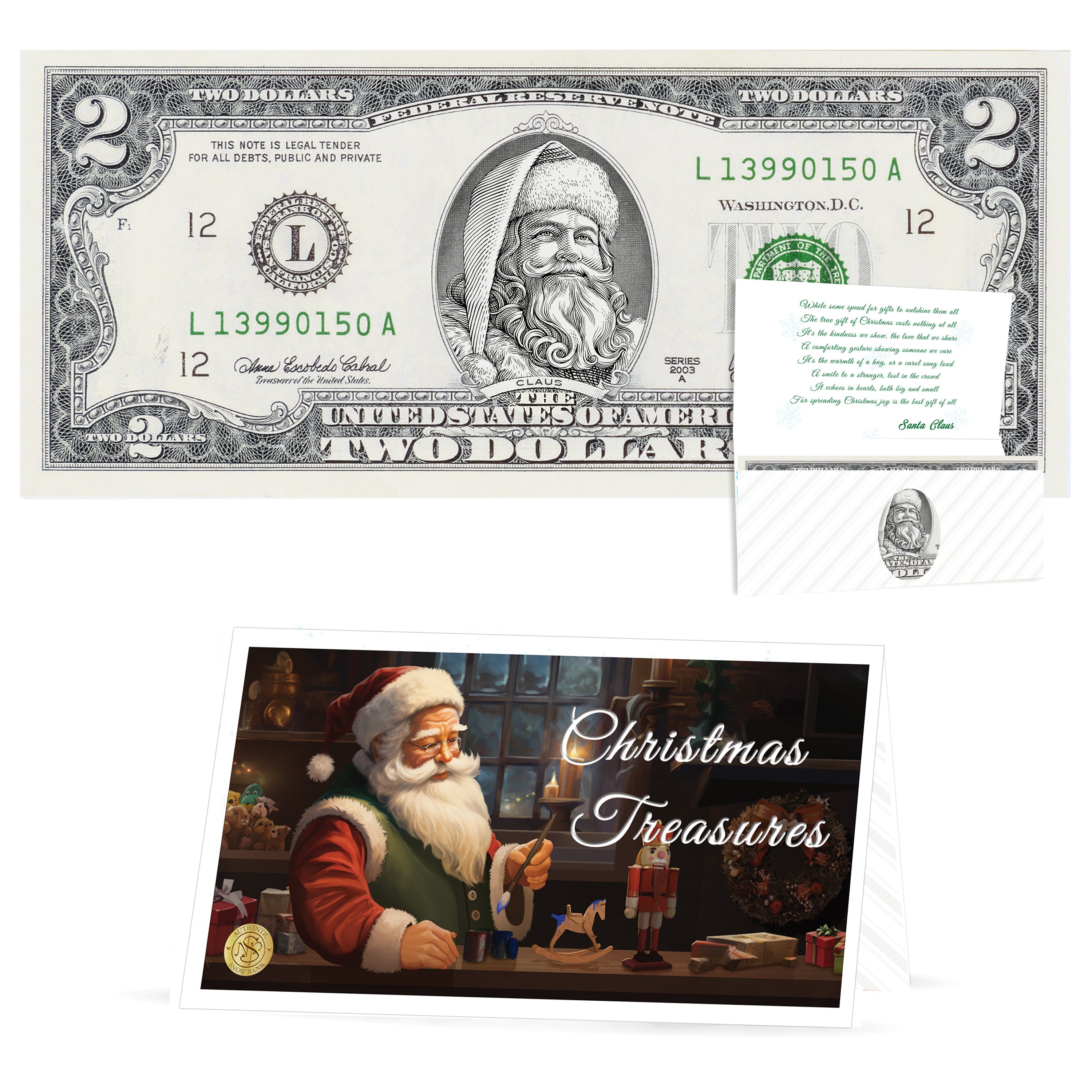 Official Santa Claus $2 Bill. Santa With Twinkle in His Eyes Version. Real USD. Bankable & Spendable. The Gift of Christmas Giving
