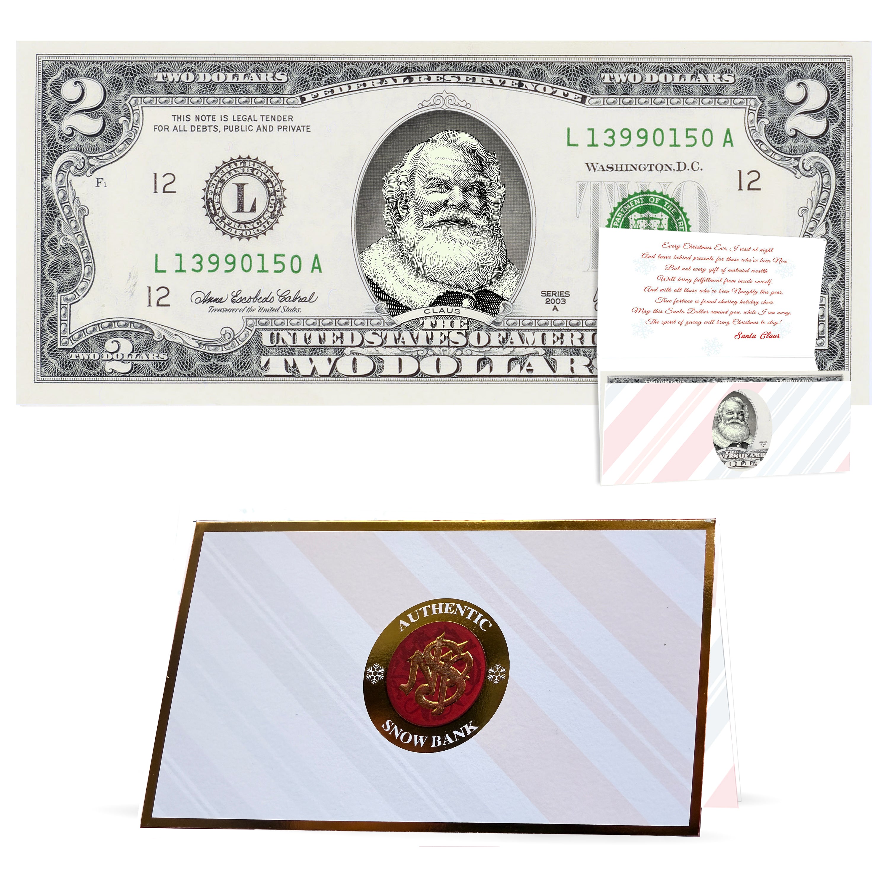 Official Santa Claus $2 Bill. Santa Rosy Red Cheeks Version. Real USD. Bankable & Spendable. The Gift of Christmas Giving