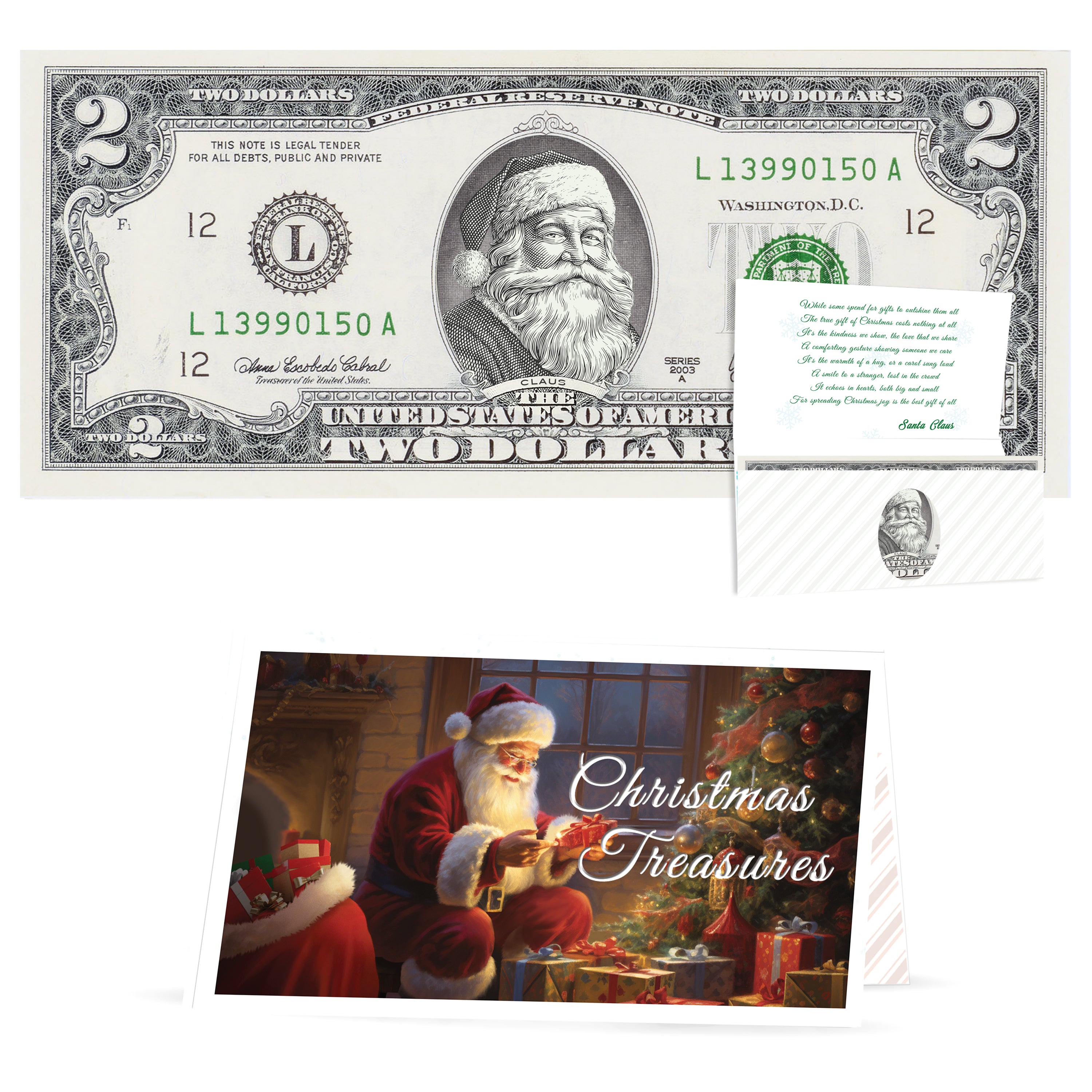 Official Santa Claus $2 Bill. Real USD. Bankable & Spendable. The Gift of Christmas Giving