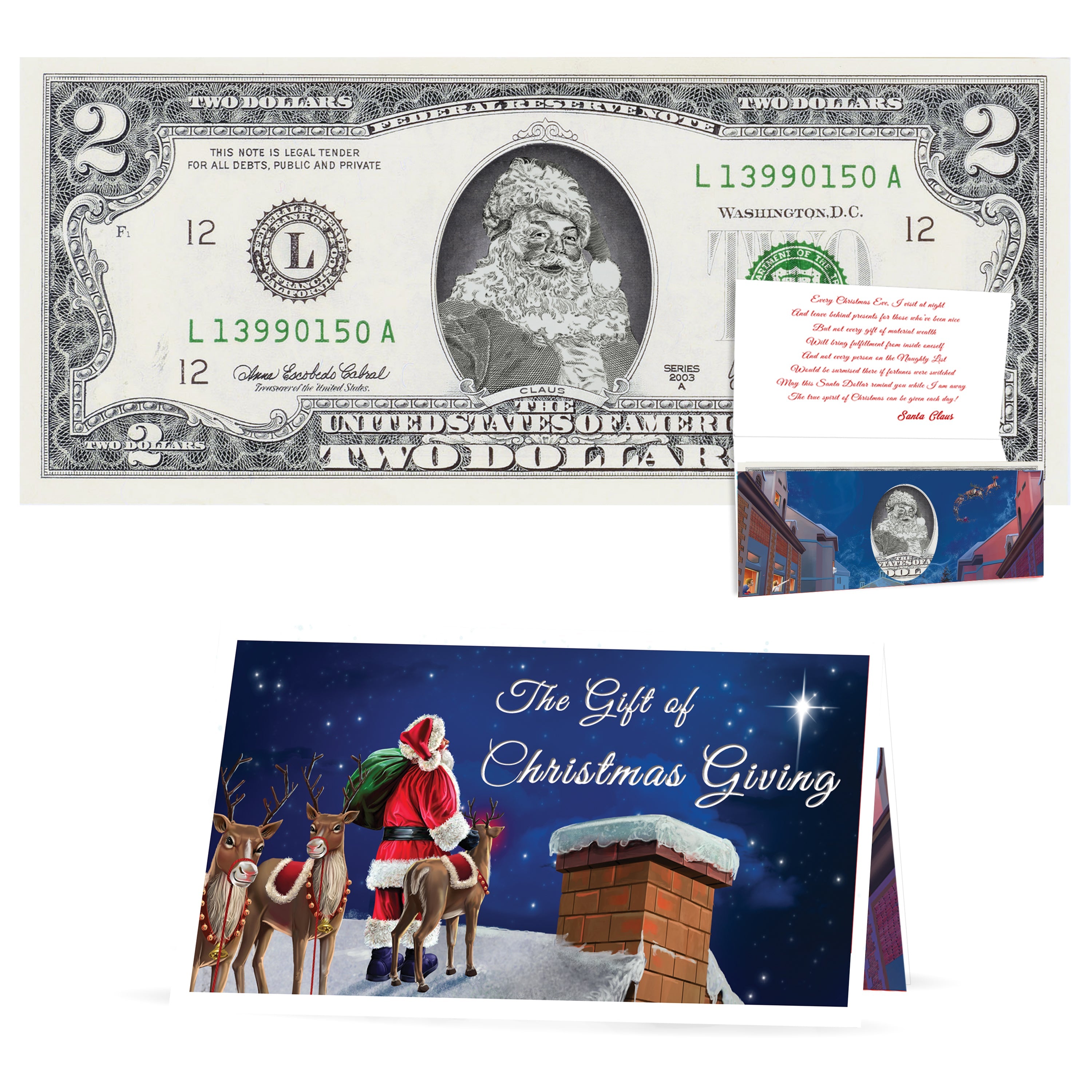 Official Santa Claus $2 Bill. Santa With Twinkle in His Eyes Version. Real USD. Bankable & Spendable. The Gift of Christmas Giving