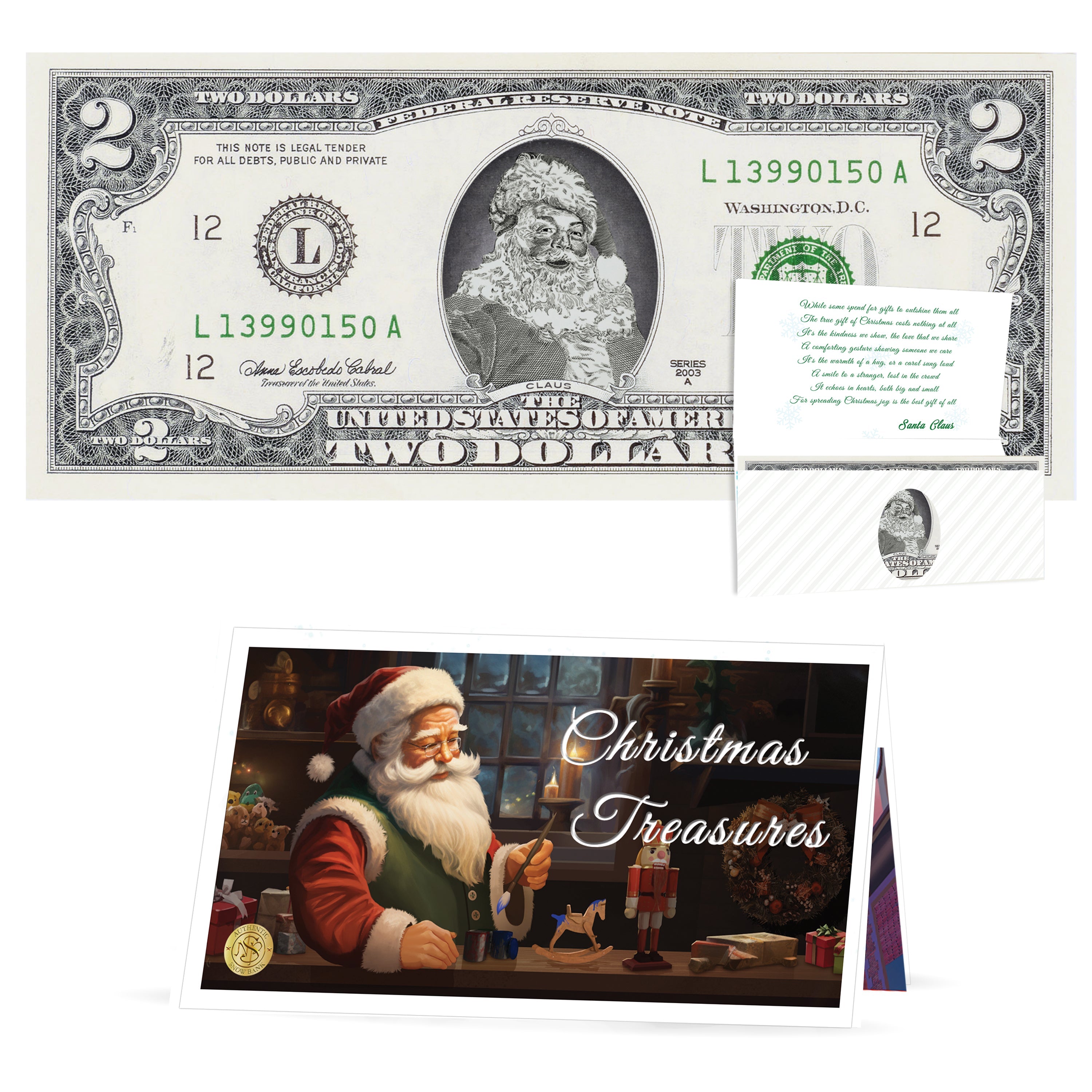 Official Santa Claus $2 Bill. Santa With Twinkle in His Eyes Version. Real USD. Bankable & Spendable. The Gift of Christmas Giving