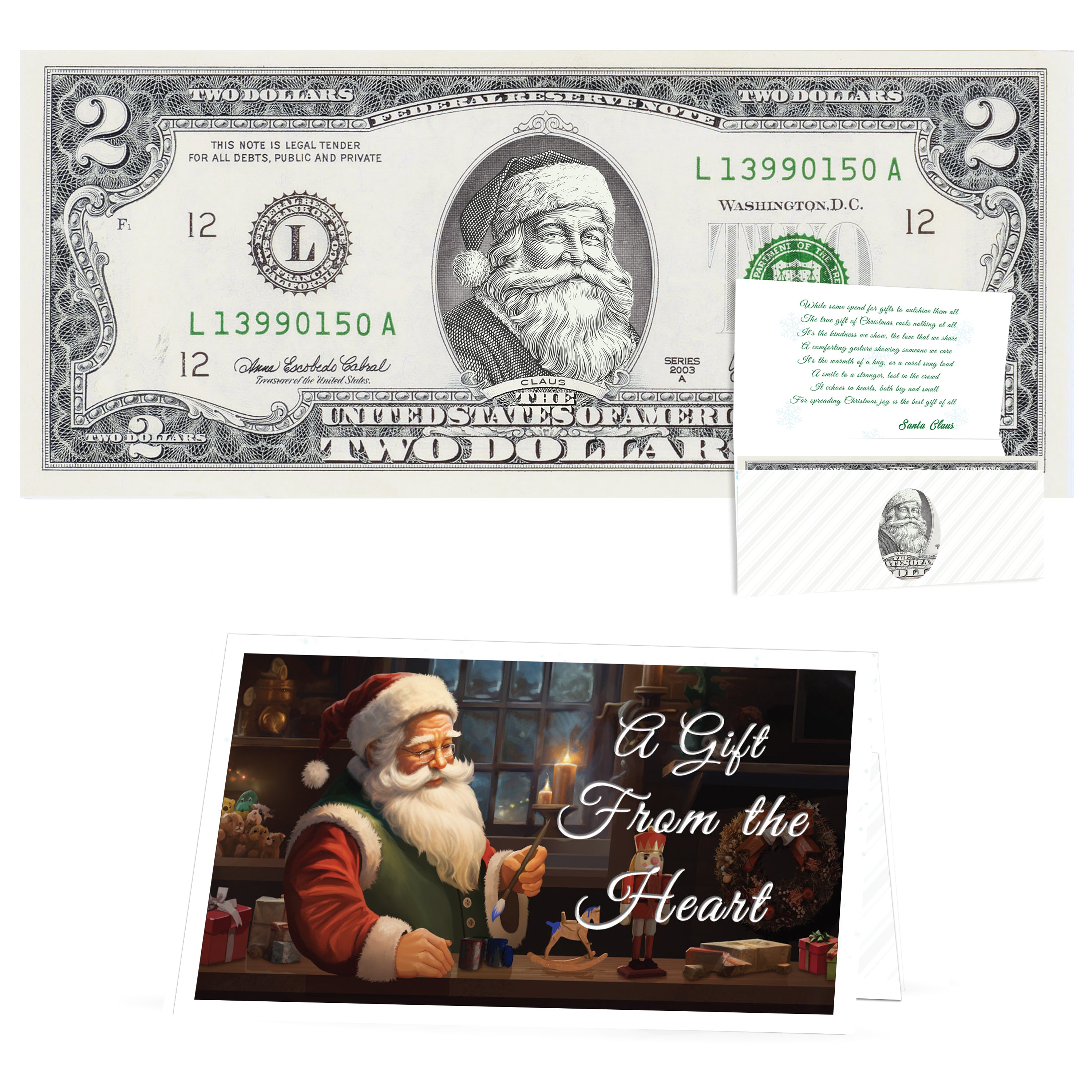 Official Santa Claus $2 Bill. Santa Rosy Red Cheeks Version. Real USD. Bankable & Spendable. The Gift of Christmas Giving