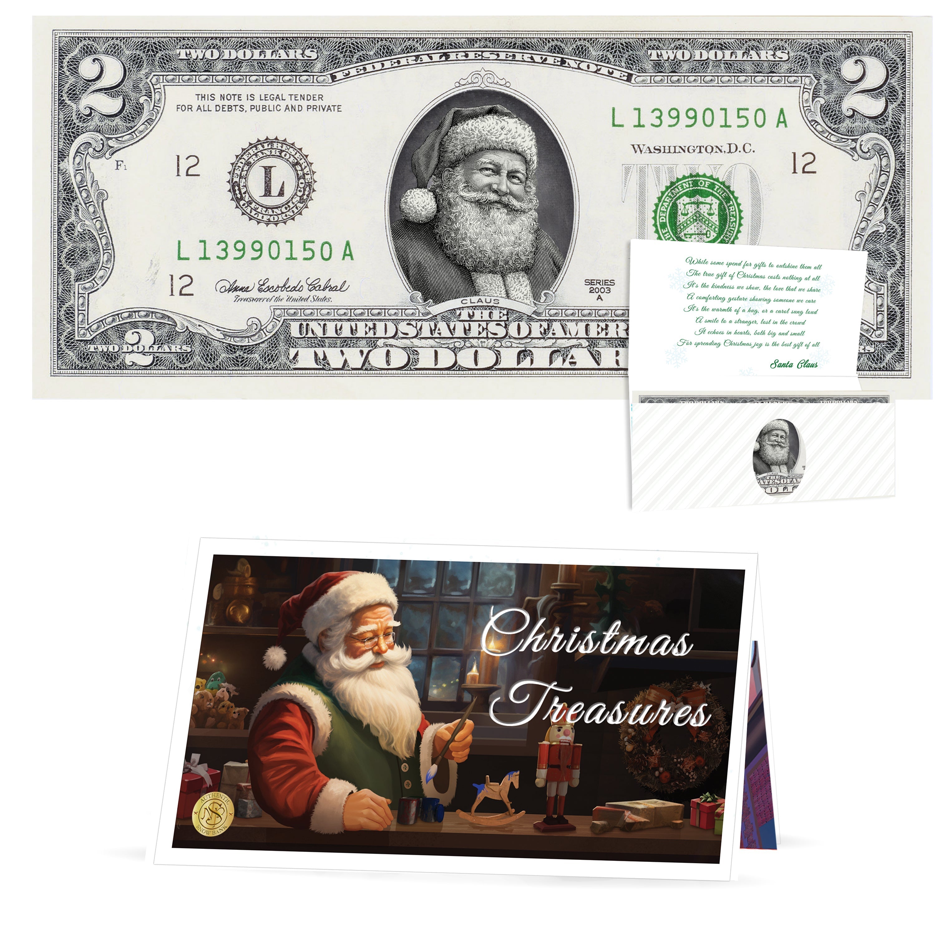 Official Santa Claus $2 Bill. Santa Rosy Red Cheeks Version. Real USD. Bankable & Spendable. The Gift of Christmas Giving