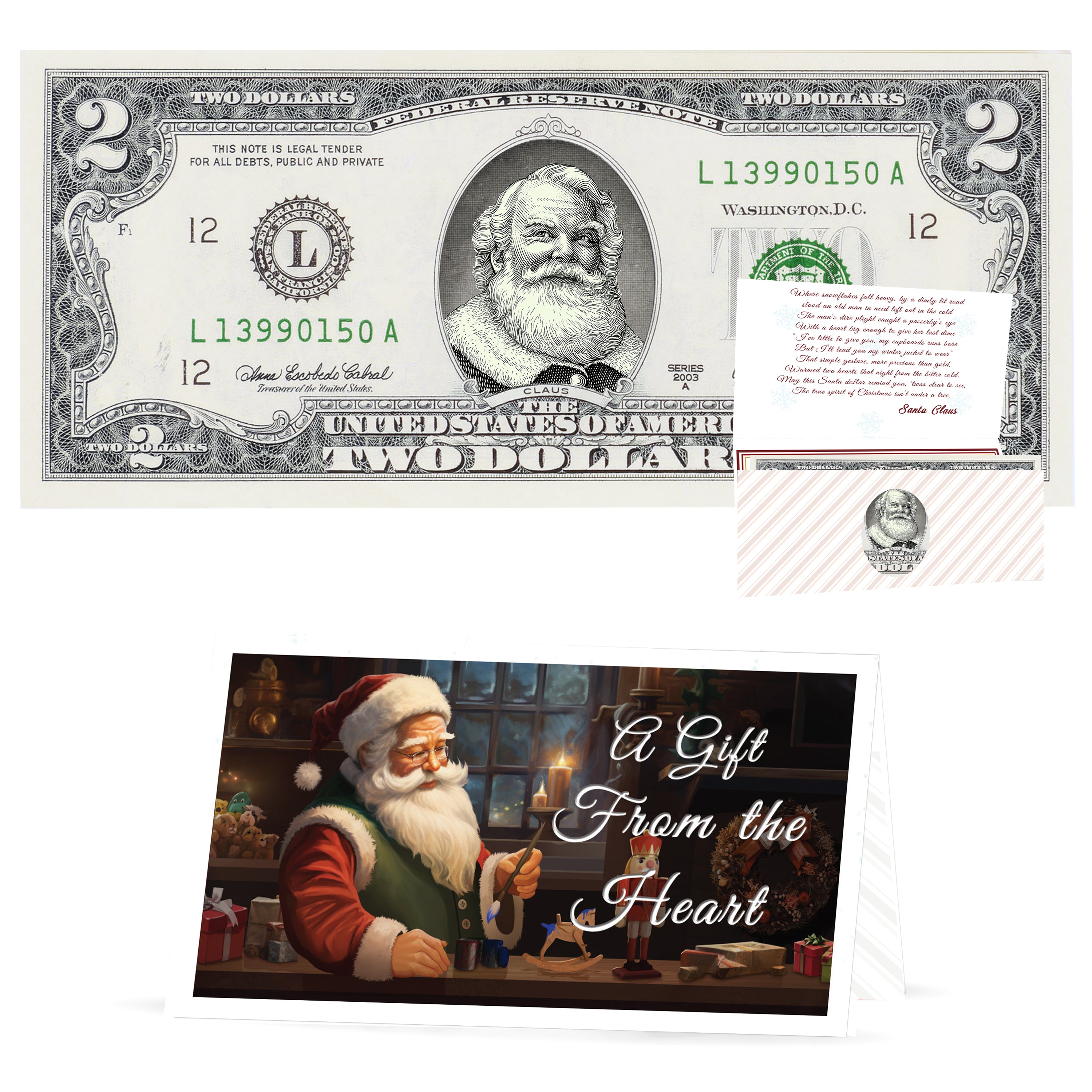 Official Santa Claus $2 Bill. Santa With Twinkle in His Eyes Version. Real USD. Bankable & Spendable. The Gift of Christmas Giving