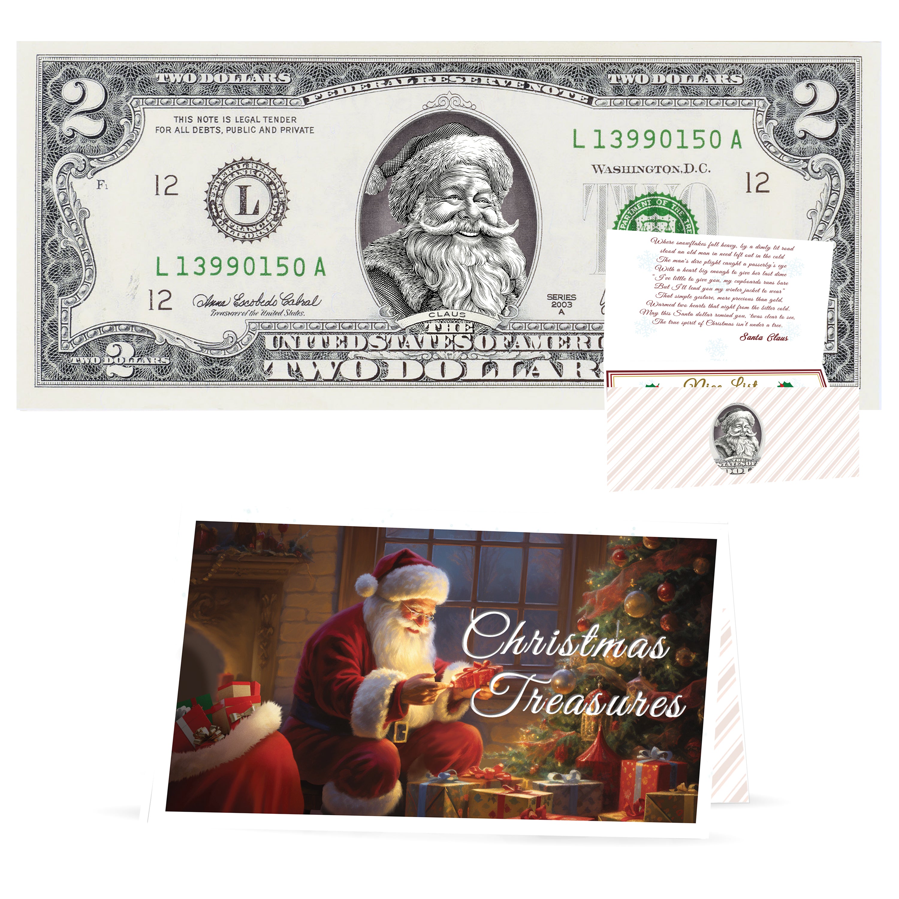 Official Santa Claus $2 Bill. Santa Rosy Red Cheeks Version. Real USD. Bankable & Spendable. The Gift of Christmas Giving