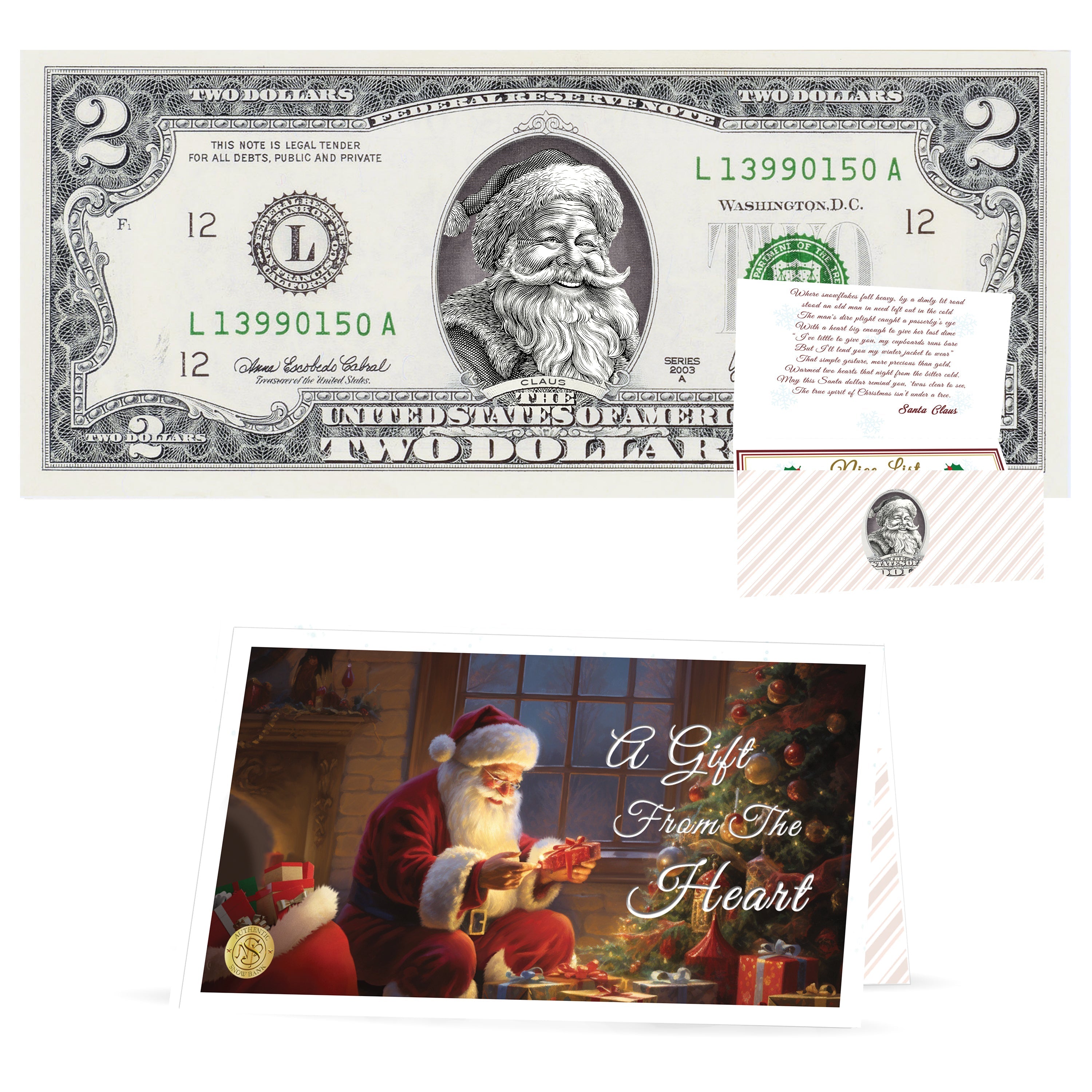 Official Santa Claus $2 Bill. Santa Rosy Red Cheeks Version. Real USD. Bankable & Spendable. The Gift of Christmas Giving