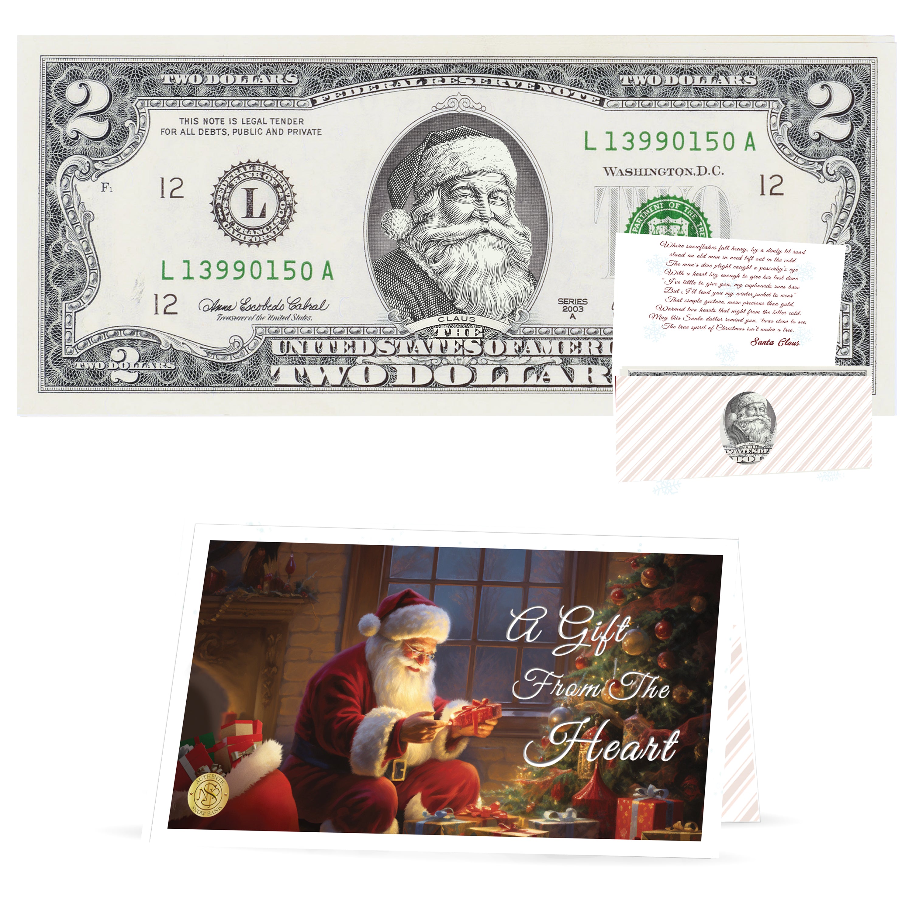 Official Santa Claus $2 Bill. Real USD. Bankable & Spendable. The Gift of Christmas Giving