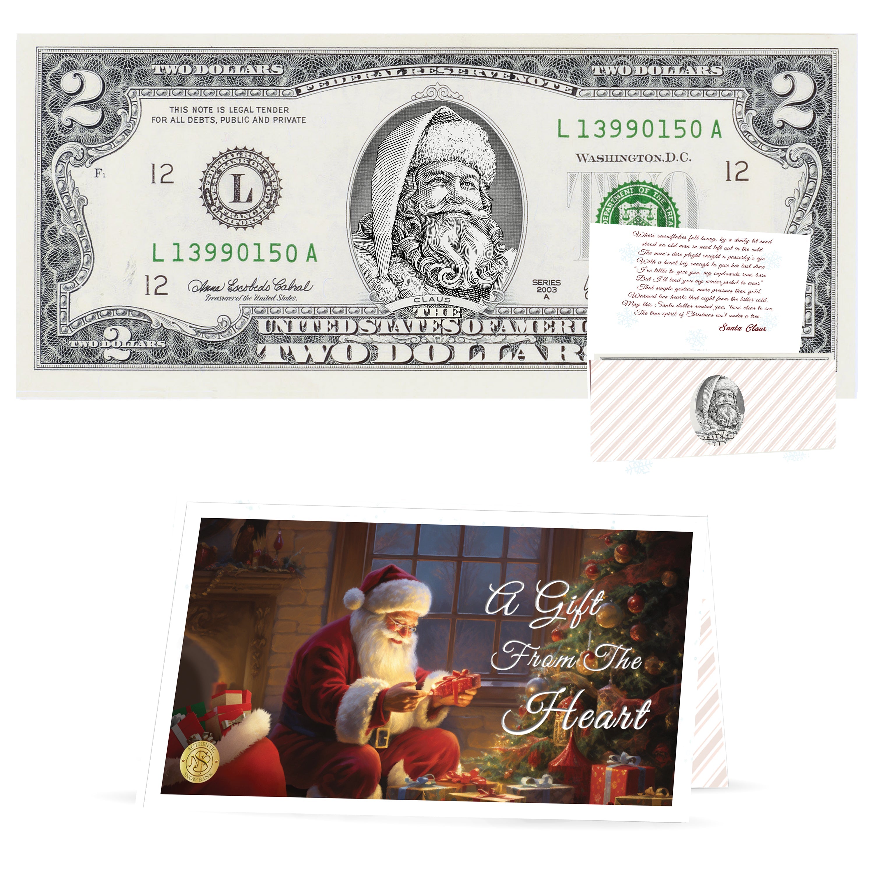 Official Santa Claus $2 Bill. Santa With Twinkle in His Eyes Version. Real USD. Bankable & Spendable. The Gift of Christmas Giving