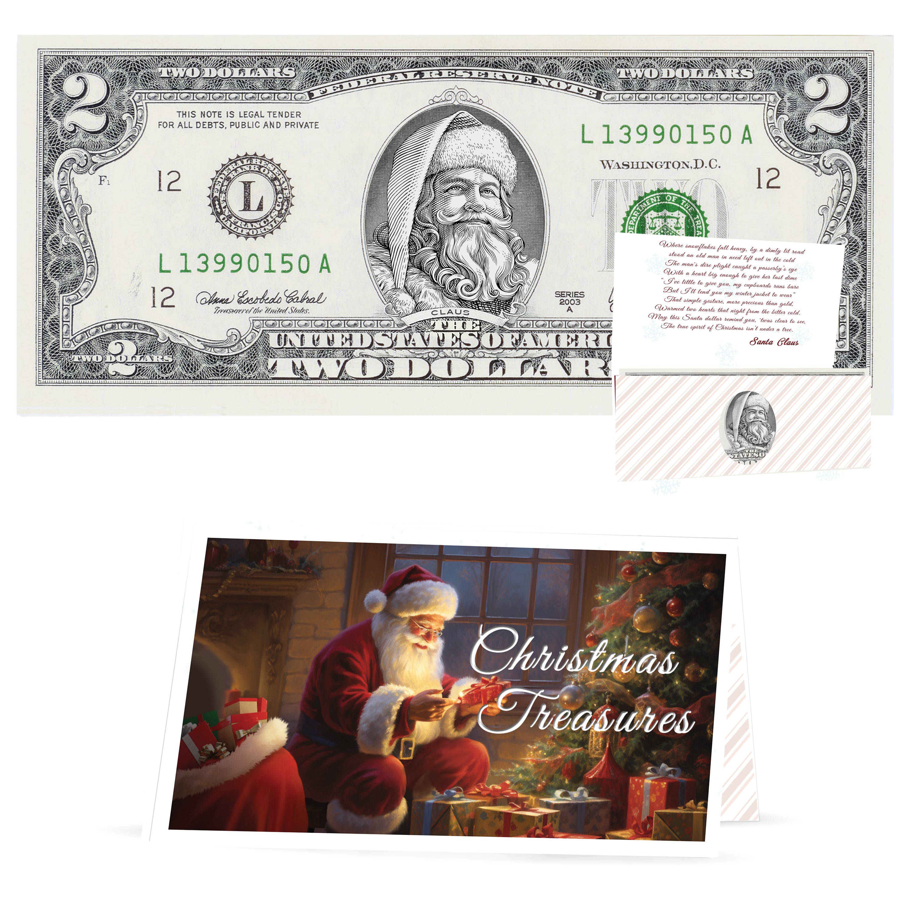 Official Santa Claus $2 Bill. Real USD. Bankable & Spendable. The Gift of Christmas Giving