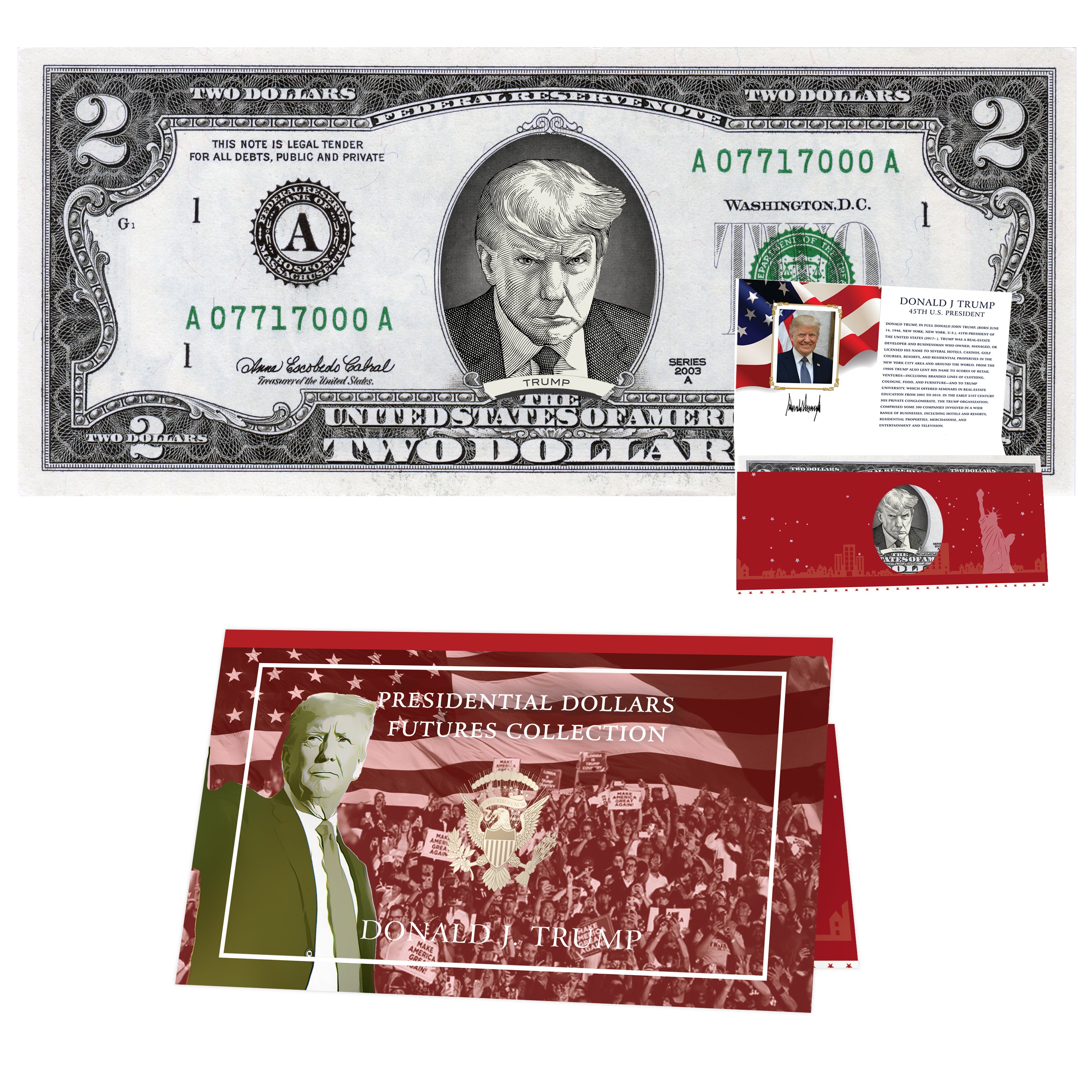 Donald Trump Mugshot Official $2 Dollar Bill w/ Presidential Currency Card. Presidential Futures Collection - REAL USD!