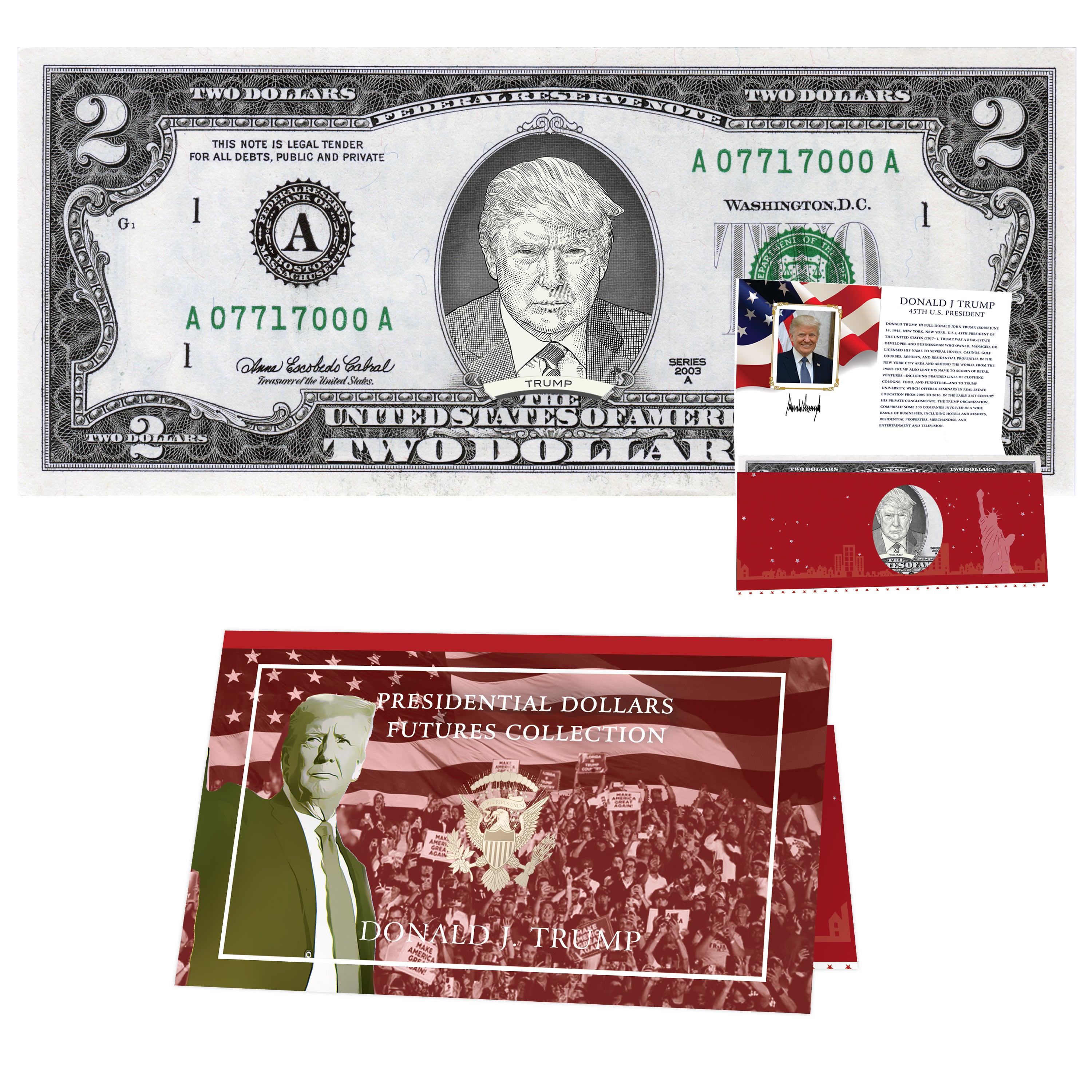 Donald Trump Mugshot Official $2 Dollar Bill w/ Presidential Currency Card. Presidential Futures Collection - REAL USD!