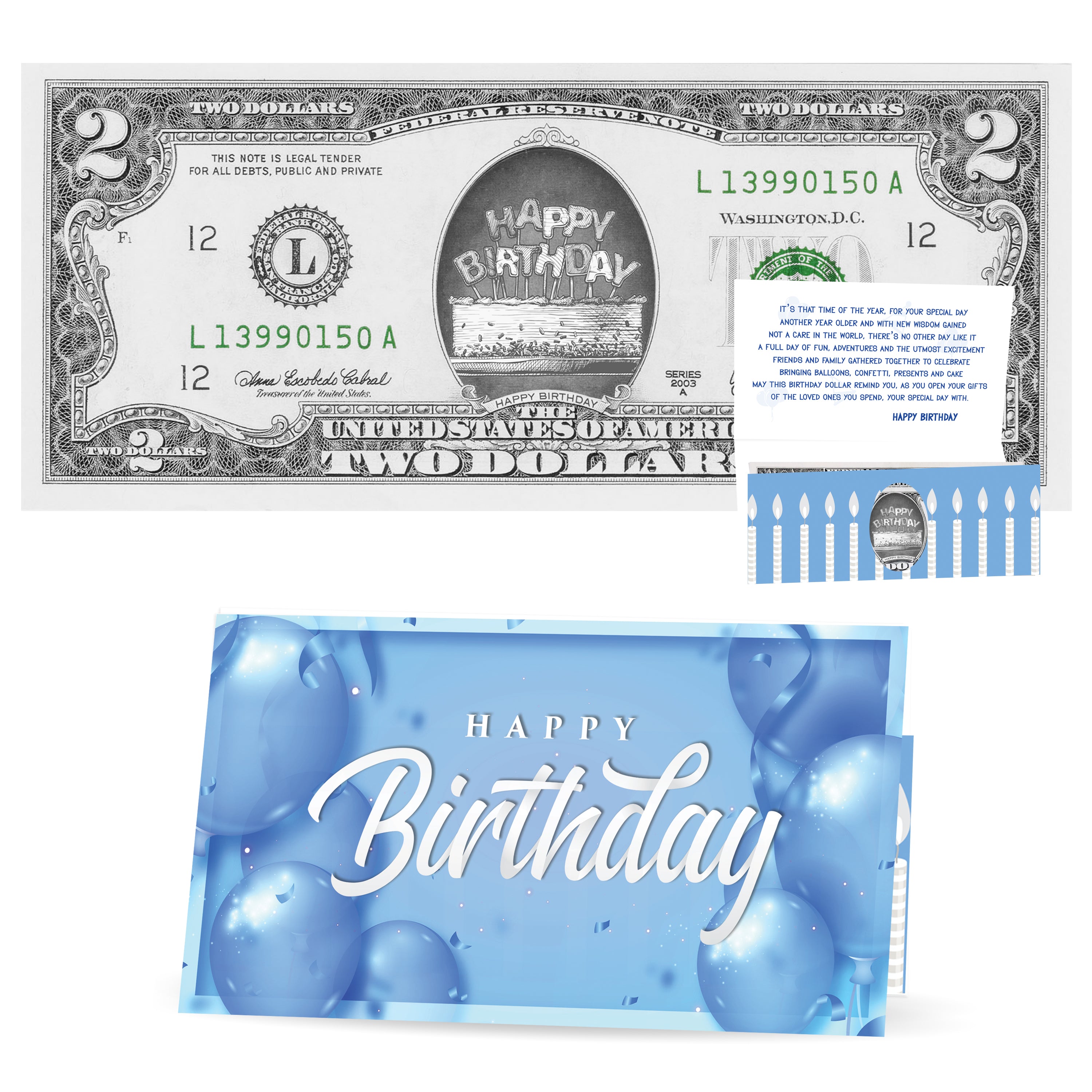 Birthday Card for Him and Official Birthday Dollar. Real 2.0 USD. Each Bill Comes with a Birthday Card, Currency Holder and Birthday Poem Active
