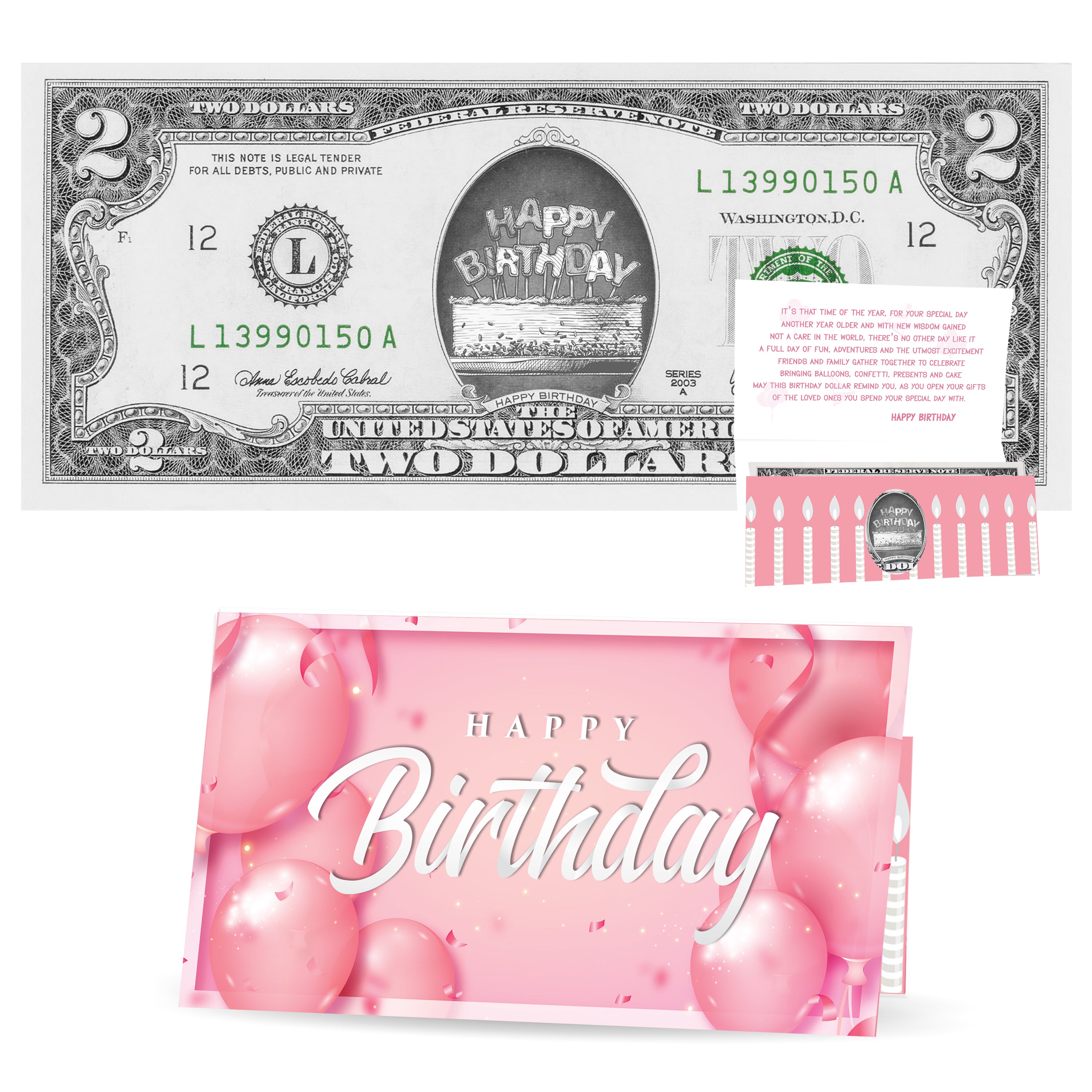 Birthday Card for Her and Official Birthday Dollar. Real 2.0 USD. Each Bill Comes with a Birthday Card, Currency Holder and Birthday Poem